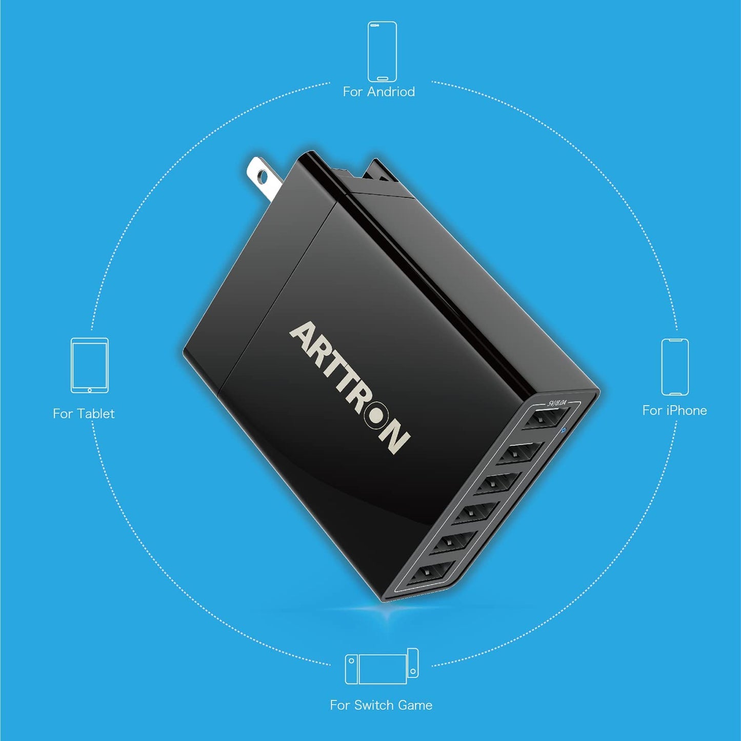 USB Wall Charger Adapter, 40W 6-Port Foldable Wall Plug Multiport Charger for Iphone Ipad Tablets Smartphones, Home Office Use