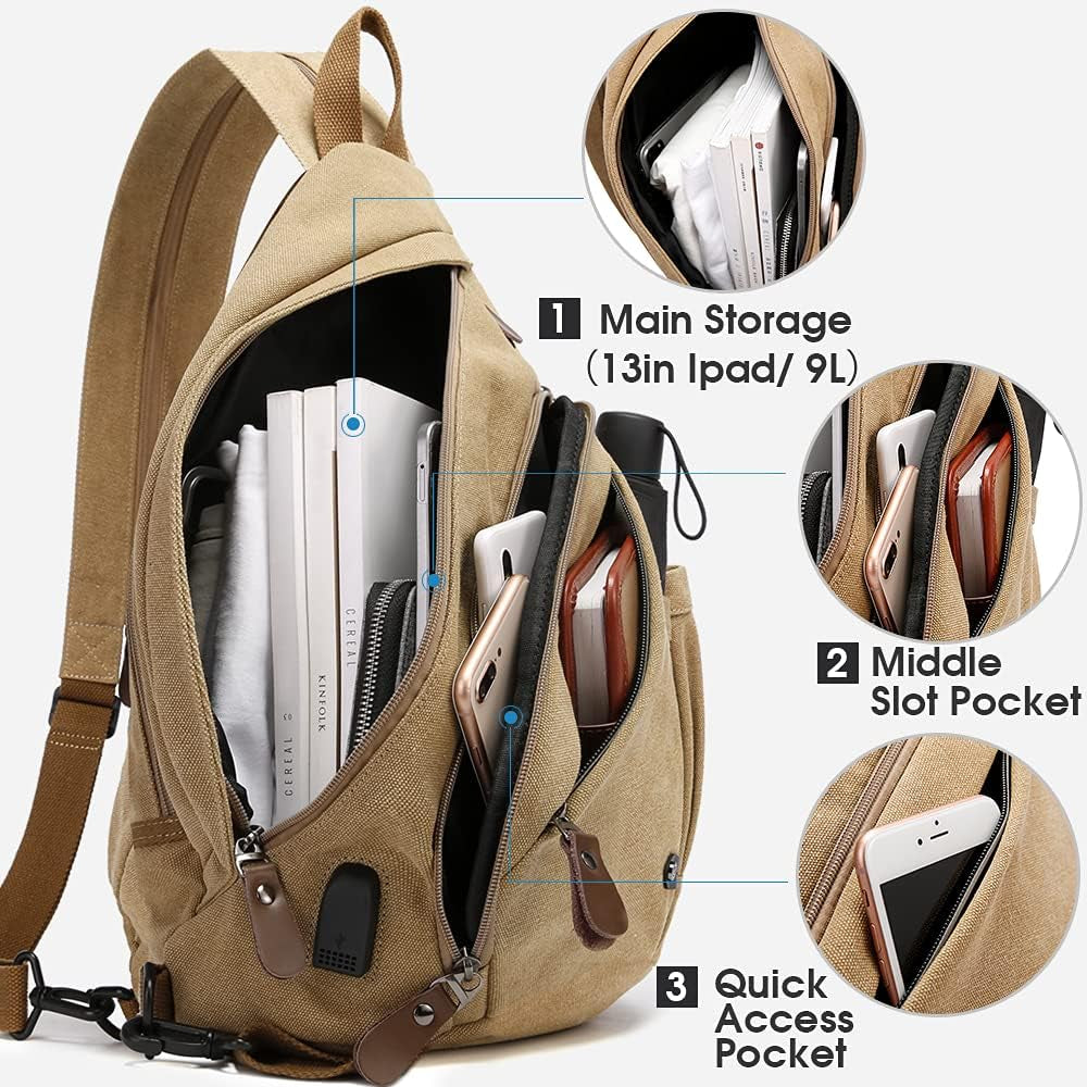 Sling Bag, Crossbody Backpack Canvas Waterproof Daypack Casual Shoulder Bag… (Khaki)…