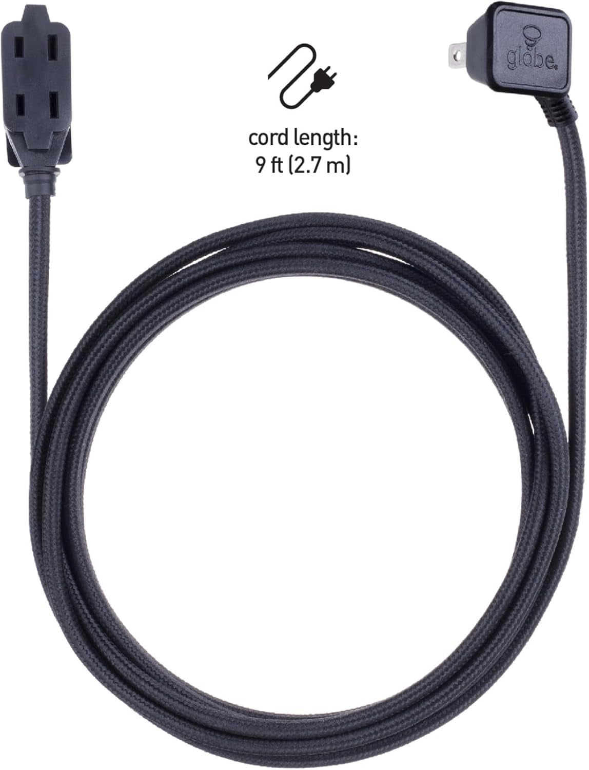 Electric 22810 9Ft Fabric Extension Cord, 3 Polarized Outlets, Right Angle Plug, 125 Volts, Black, Extension Cord with Multiple Outlets, Multi Plug Outlet, Electrical Outlet, Home Improvement