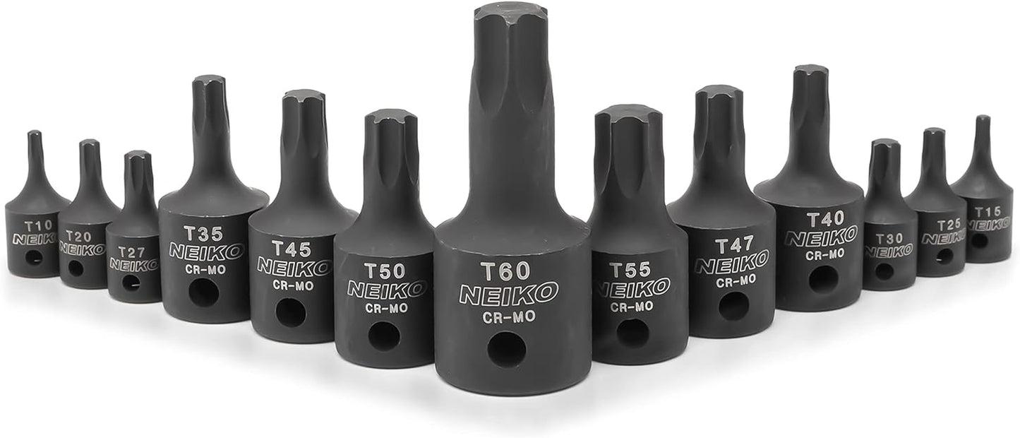 10281B Impact Torx Bit Socket Set, 1/4", 3/8", and 1/2" Drive, 6 Point Star Sockets, Heavy Duty Impact Grade Cr-Mo, T10 to T60 High Impact, Professional Grade Auto & Motorcycle Mechanic Socket