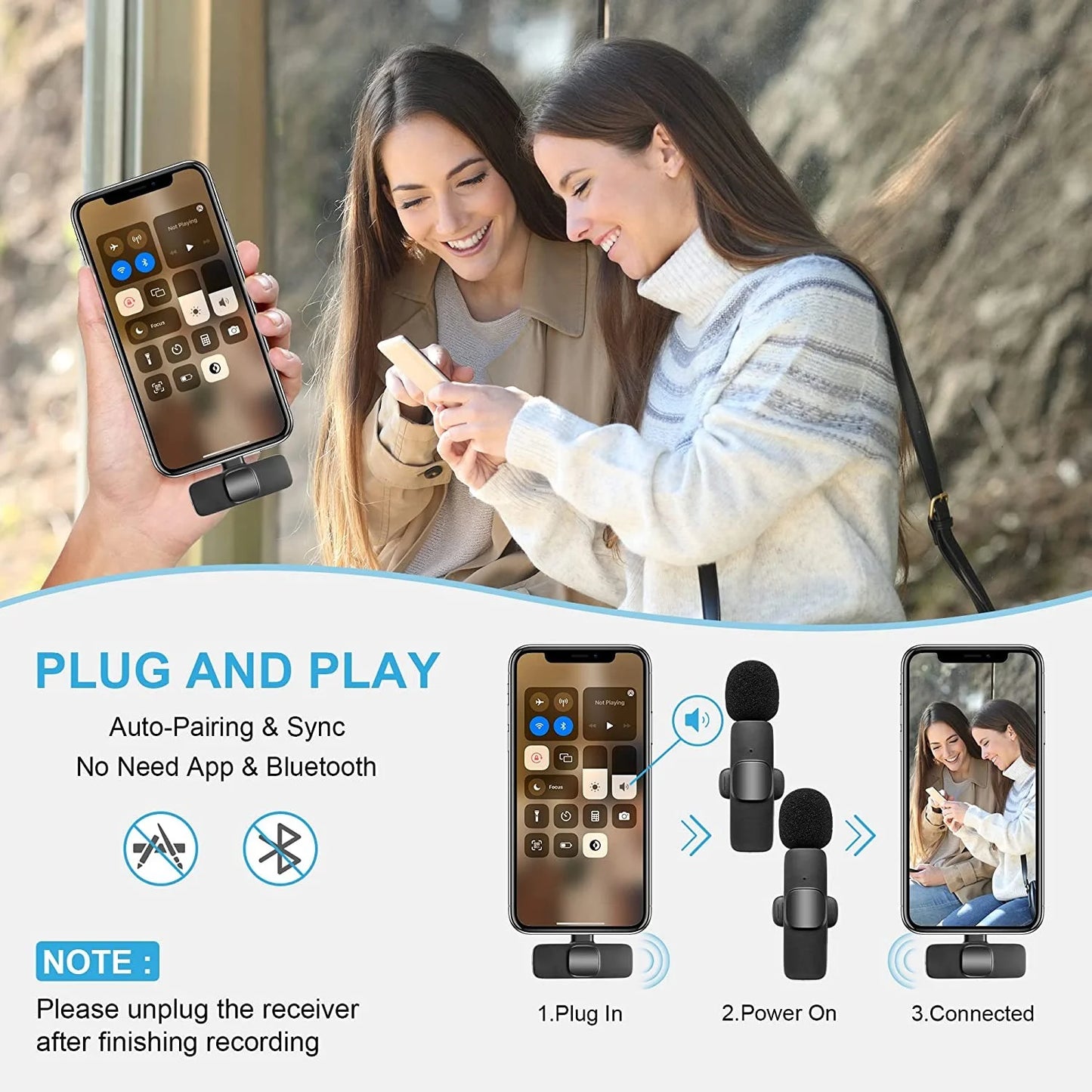 Auto Connection Mini Clip on Lapel Lavalier Tiny Rechargeable Wireless Microphone, Black
