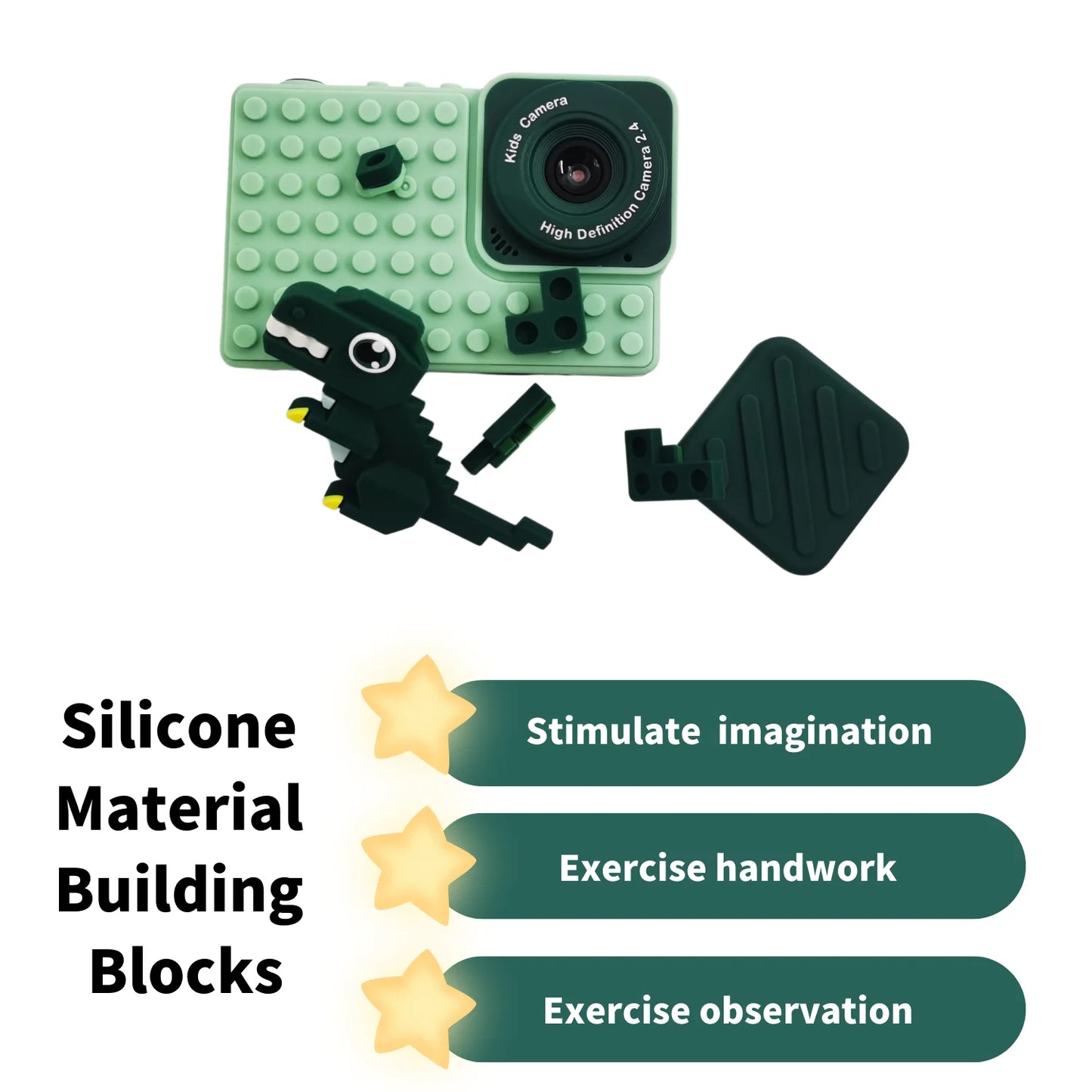 Kid Camera Dinosaur for Boy 3 8 Years Digital Camera for Children with Building Block Dual Lens 2.4 Inch HD Screen 64GB Green*1