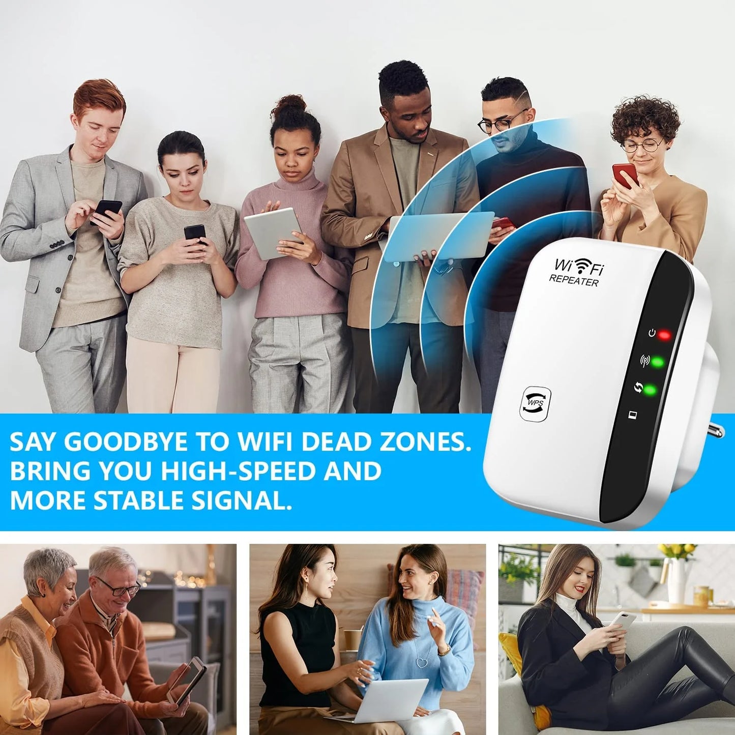 Wifi Range Extender Super Boost Wifi up to 300Mbps Repeater, Wifi Signal Booster, Access Point Easy Set-Up 2.4G Network with Integrated Antennas LAN Port & Compact Designed Internet Booster