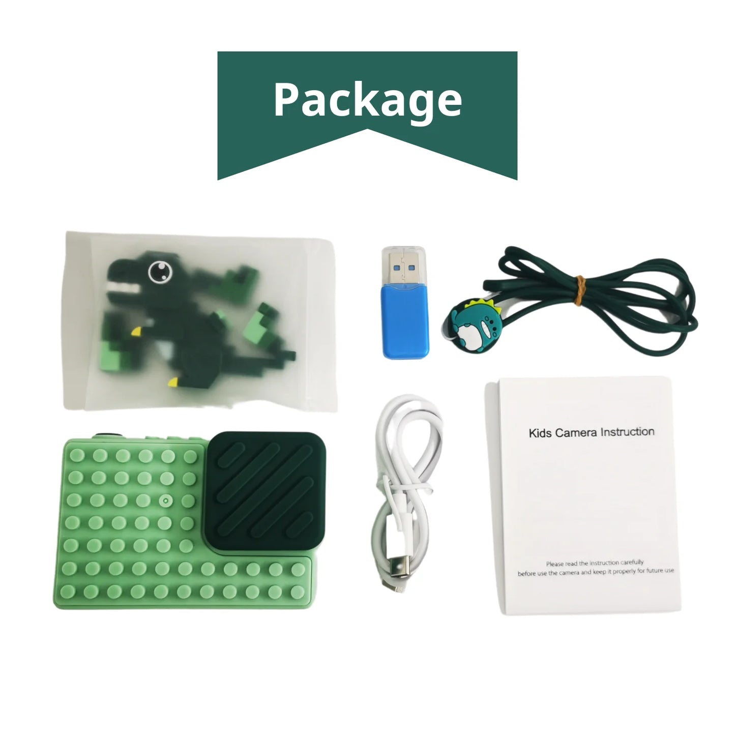 Kid Camera Dinosaur for Boy 3 8 Years Digital Camera for Children with Building Block Dual Lens 2.4 Inch HD Screen 64GB Green*1