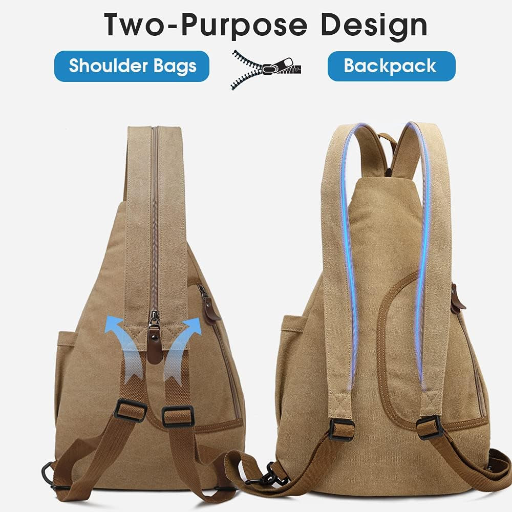 Sling Bag, Crossbody Backpack Canvas Waterproof Daypack Casual Shoulder Bag… (Khaki)…