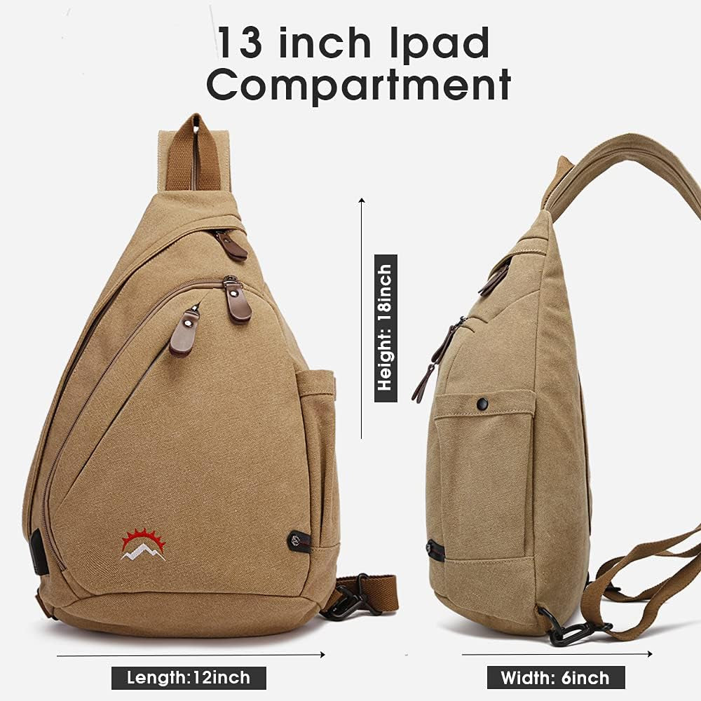 Sling Bag, Crossbody Backpack Canvas Waterproof Daypack Casual Shoulder Bag… (Khaki)…