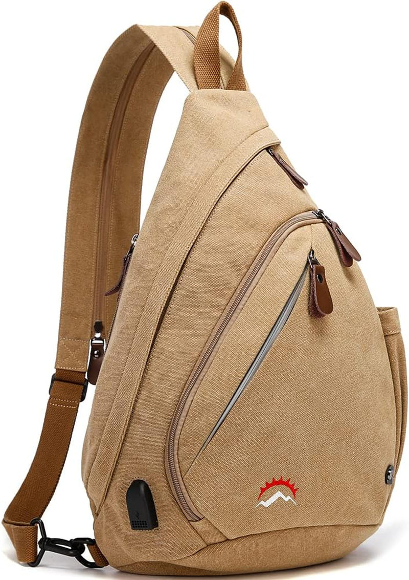 Sling Bag, Crossbody Backpack Canvas Waterproof Daypack Casual Shoulder Bag… (Khaki)…
