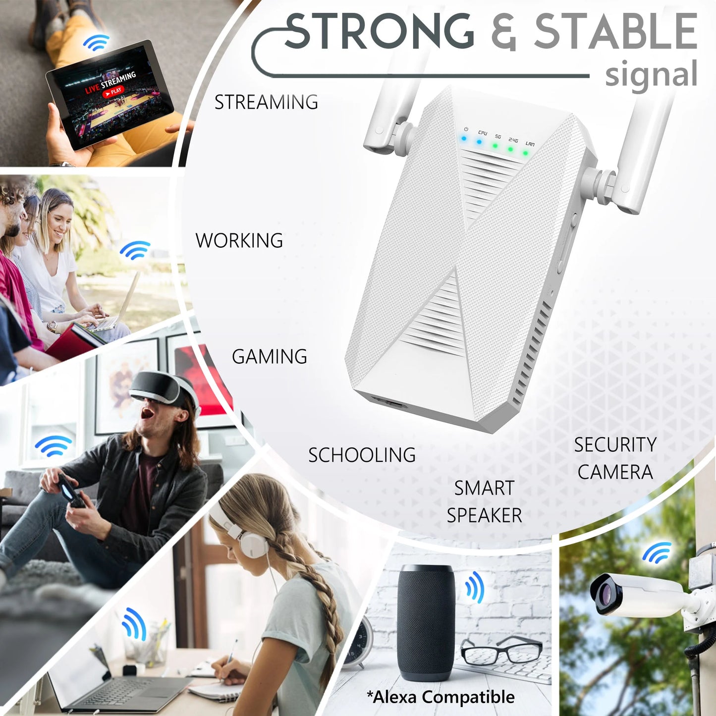 Wifi Range Extender - 1.2 Gigabit Dual Band Signal Booster, up to 3000Sq.Ft - 5 Ghz/2.4 Ghz, Internet Repeater, 30+ Devices, Indoors/Outdoors, Easy One-Click Set Up, Ethernet Port
