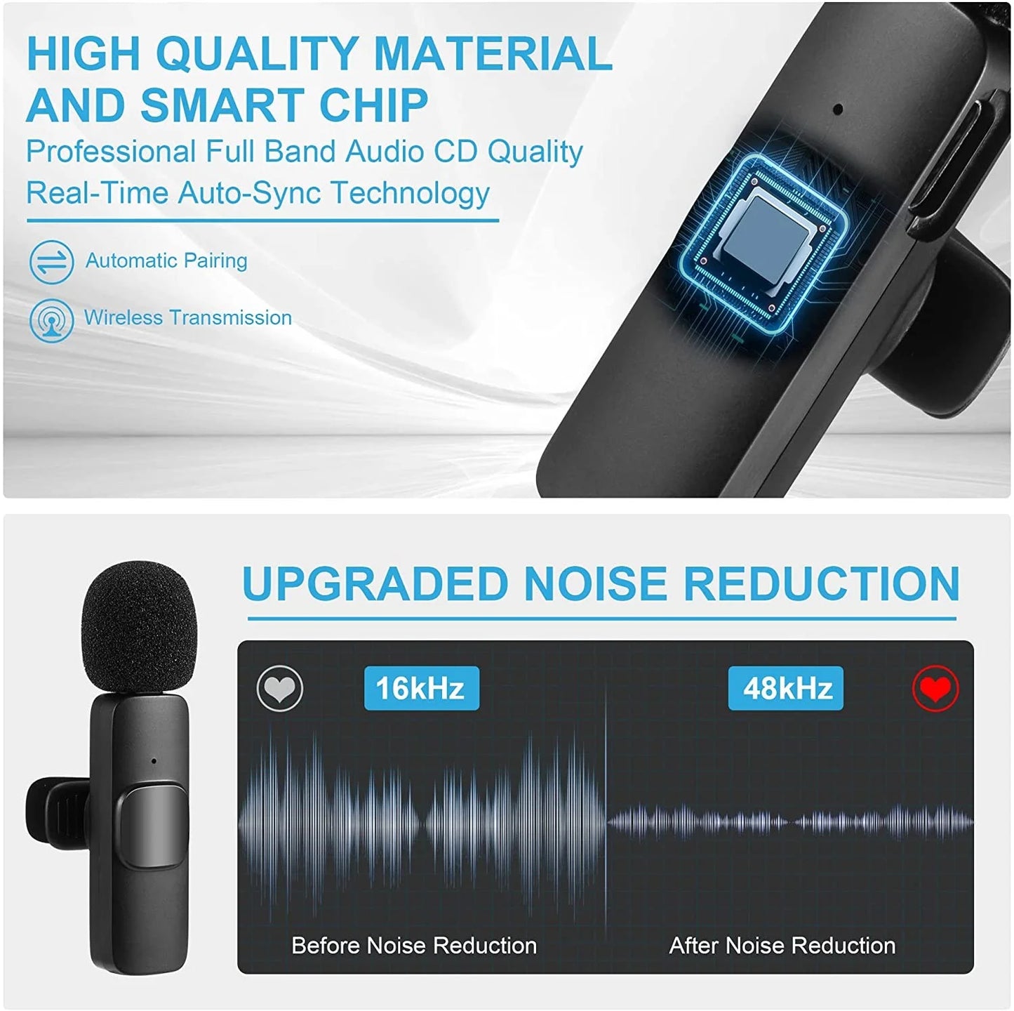 Auto Connection Mini Clip on Lapel Lavalier Tiny Rechargeable Wireless Microphone, Black