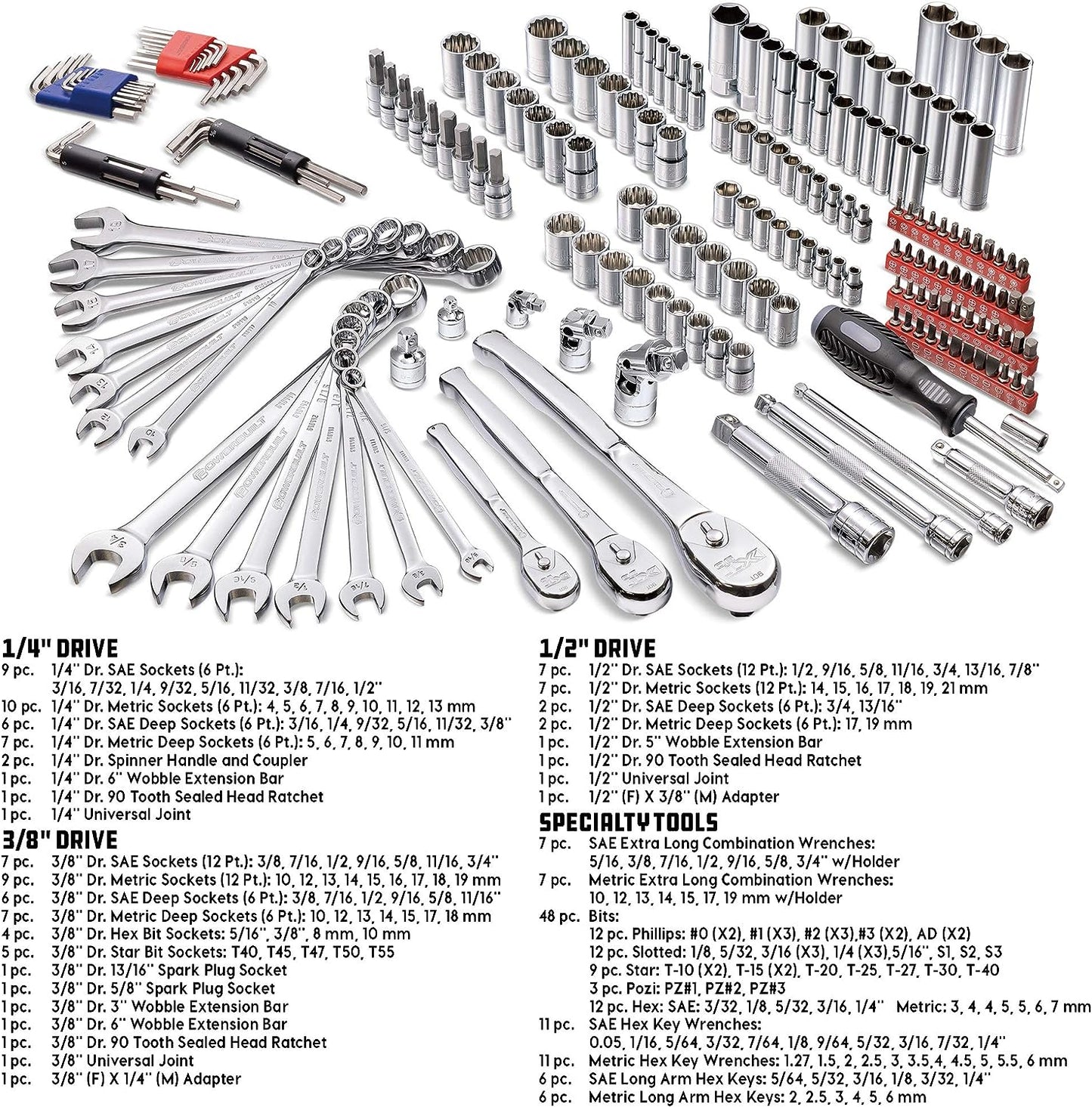200 Piece 1/4-Inch, 3/8-Inch, and 1/2-Inch Drive Mechanics Tool Set - with SAE and Metric Socket Set, XT 90 Tooth Seal-Head Ratchets, Including Case - 642472
