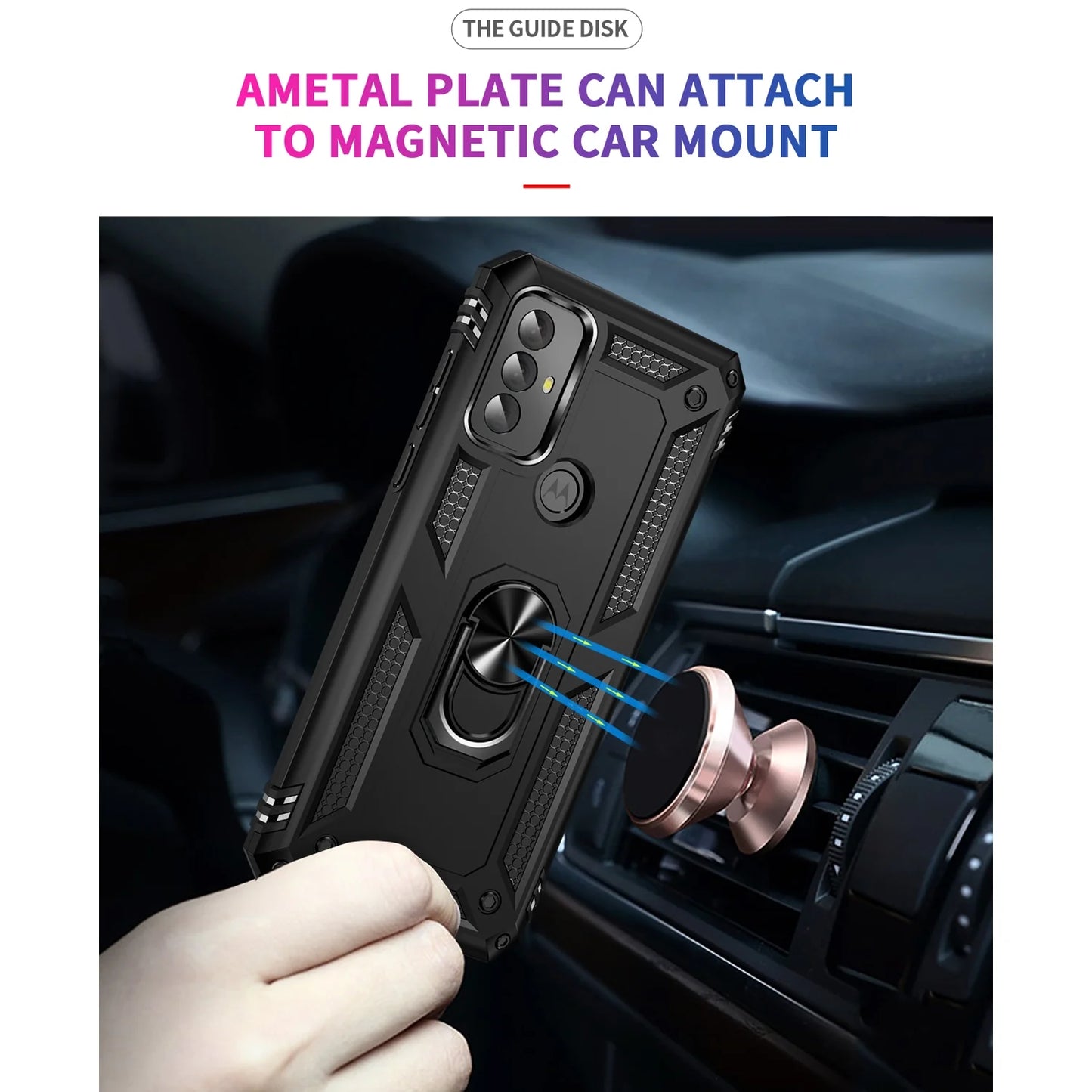 for Motorola Moto G Play 2023 Phone Case, with Tempered Glass Screen Protector, Impact Resistant Metal Ring Magnetic Support Kickstand Drop Protector Cover for Moto G Play 2023 (Black)