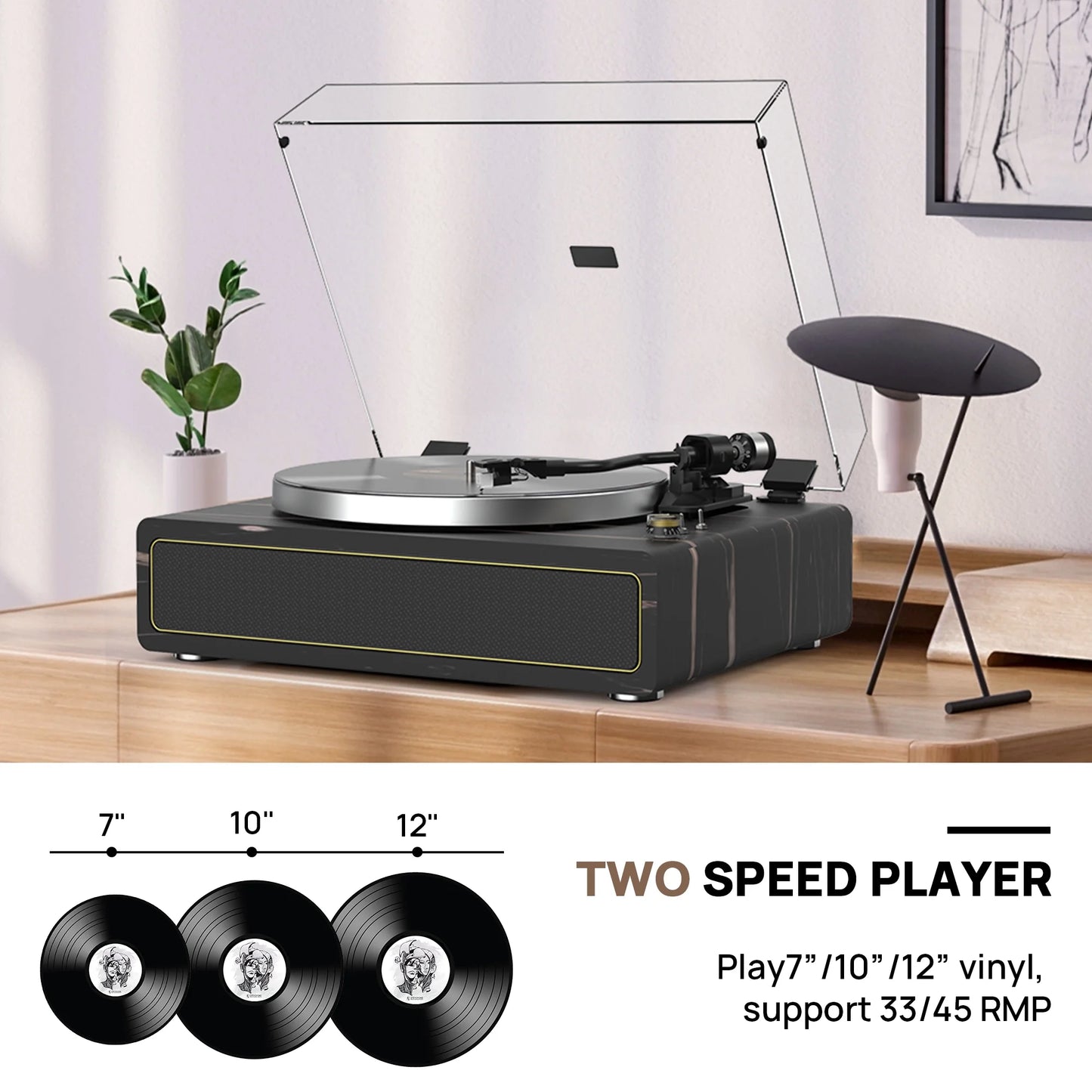 Record Player Support Bluetooth Belt-Drive Turntable Built-In Speakers, Black