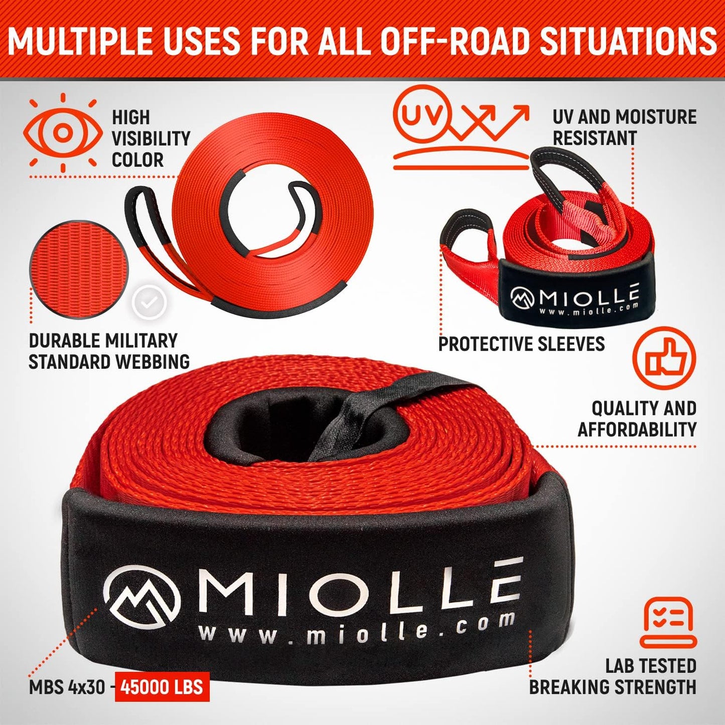 gear Tow Strap 4”X30’- 45000Lbs MBS (Lab Tested) Recovery Strap Kit Includes: Tow Rope, 2 D-Ring Shackles MBS- 62700LBS, Storage Case