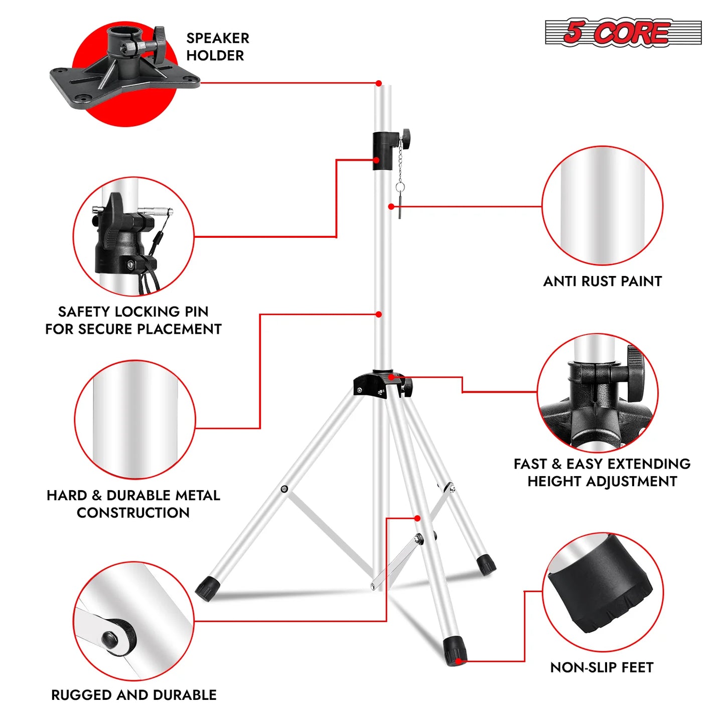 5Core Speaker Stand Tripod Tall Adjustable 72 Inch DJ Studio Monitor Stands Pole Mount WHITE