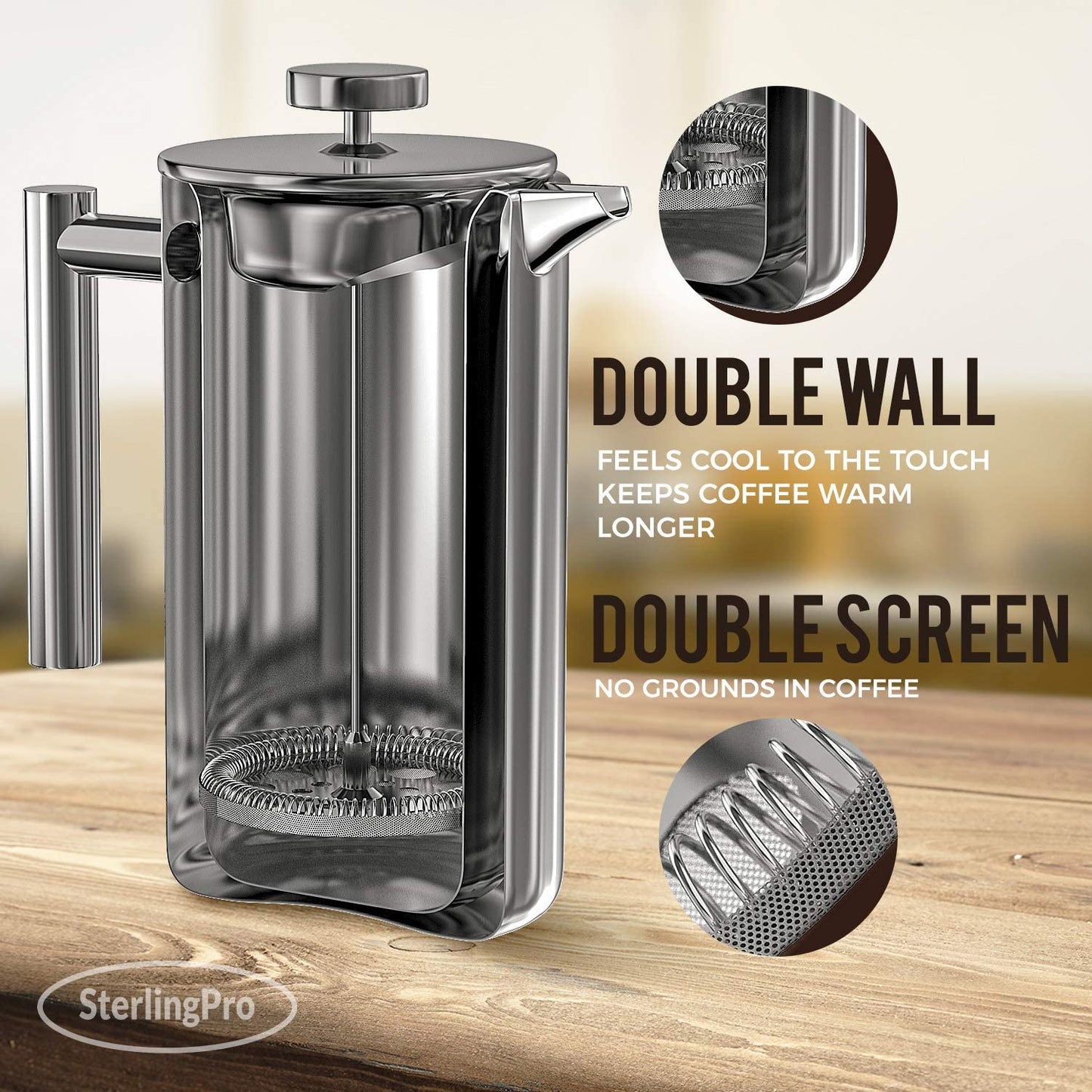French Press Coffee Maker(1.75L)-Double Walled Large Coffee Press with 2 Free Filters-Enjoy Granule-Free Coffee, Stylish Rust Free Kitchen Accessory-Stainless Steel (Mirror Finish, 1.5L)