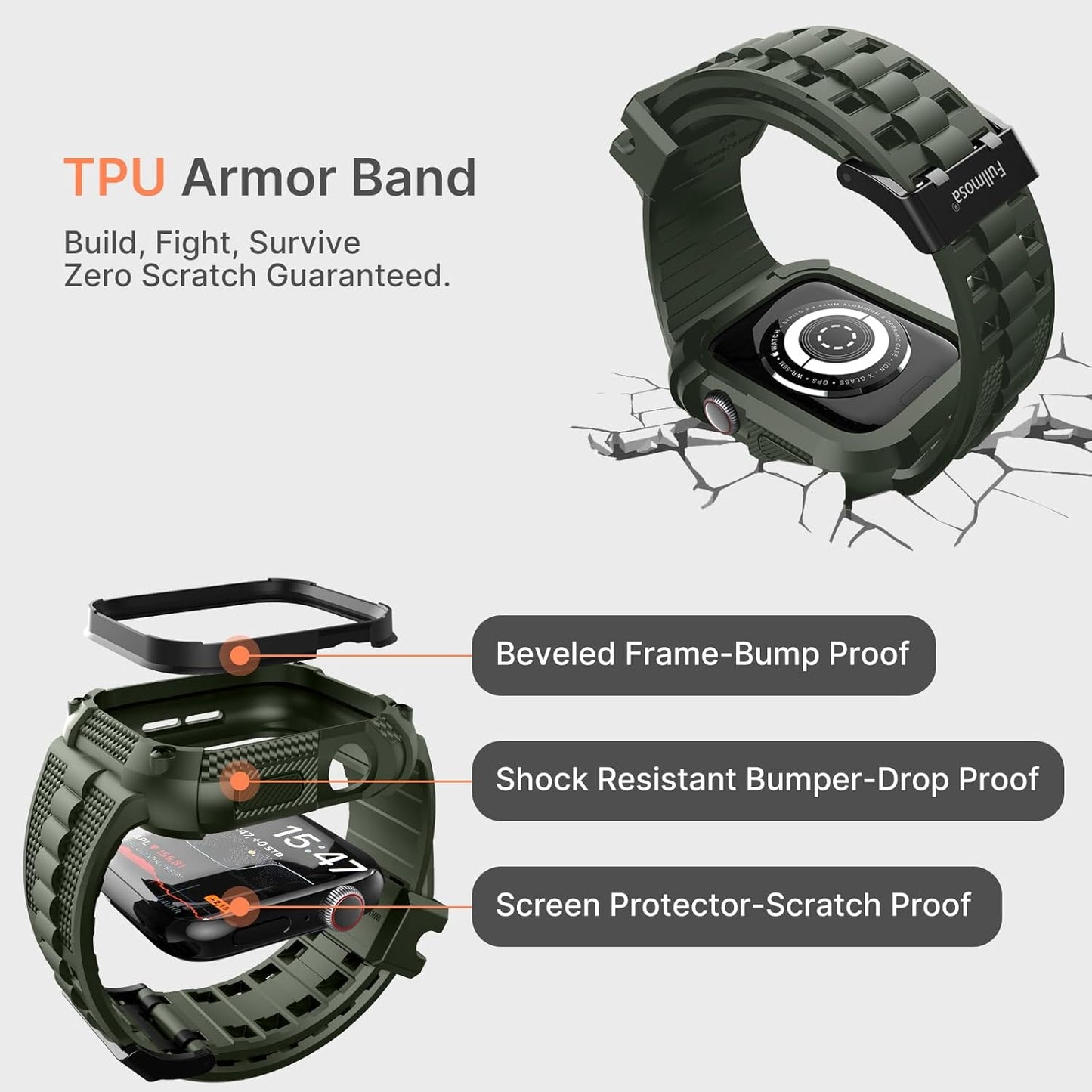 Compatible with Apple Watch Bands 41Mm 40Mm Series 9/8/7/6/5/4/SE2/SE, TPU Rugged Iwatch Strap Military Grade Shockproof Bumper Case with Screen Protector for Men Women (40Mm, Army Green)