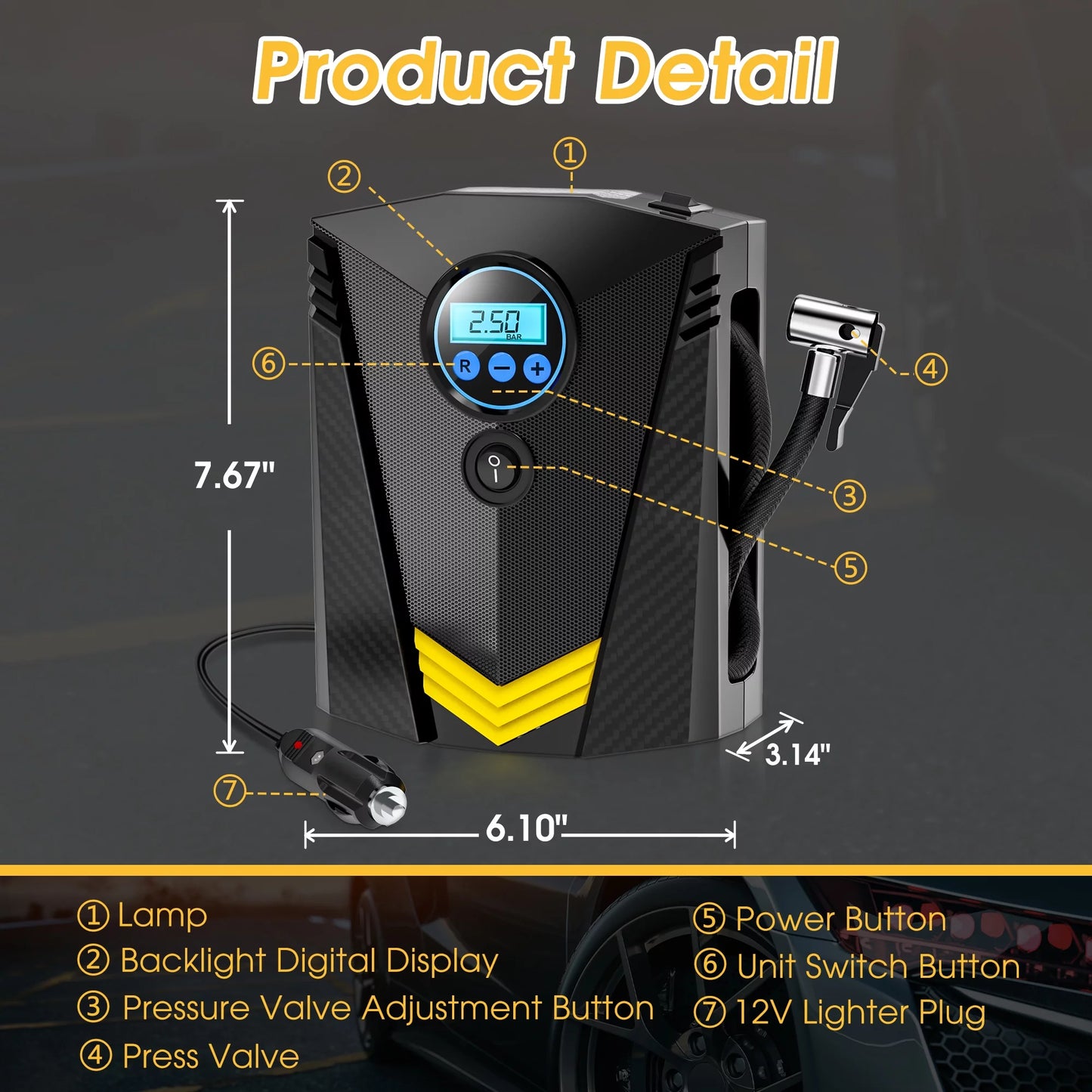 Tire Inflator, Portable Air Compressor for Car, Auto Air Pump with LED Light Gauge 12V DC, 150PSI Tire Pump Electric Air Pump Tire Inflator for Car, Bicycle, Motorcycle,Balls,Balloons, Black