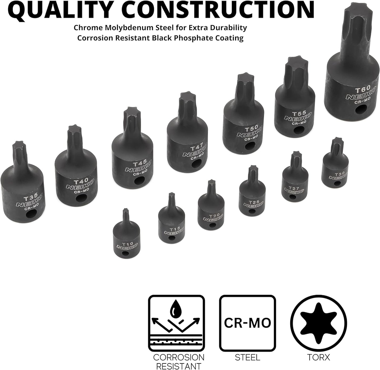 10281B Impact Torx Bit Socket Set, 1/4", 3/8", and 1/2" Drive, 6 Point Star Sockets, Heavy Duty Impact Grade Cr-Mo, T10 to T60 High Impact, Professional Grade Auto & Motorcycle Mechanic Socket