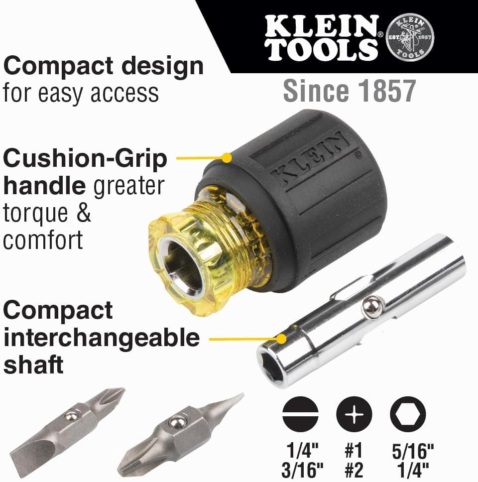 32561 Multi-Bit Screwdriver / Nut Driver, 6-In-1 Stubby Screwdriver with 2 Phillips, 2 Slotted, 2 Nut Drivers