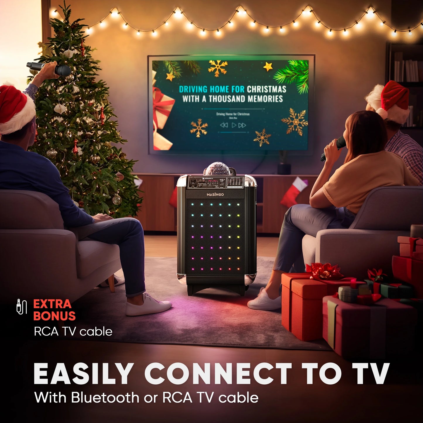 Karaoke Machine for Adults and Kids with 2 Bluetooth Wireless Microphones. Portable Singing PA Speaker System with Disco Ball Party Lights, Lyrics Display Tablet Holder & TV Cable. Soprano X1