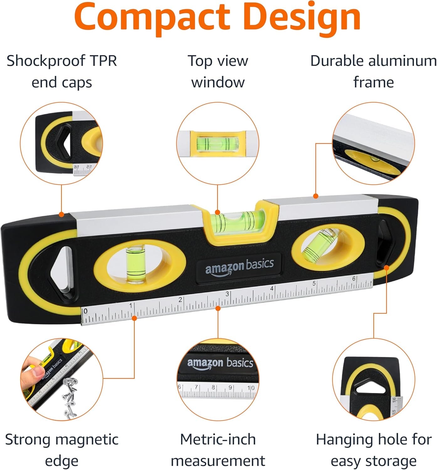 9-Inch Magnetic Torpedo Level and Ruler, 180/90/45 Degree Bubbles, Black