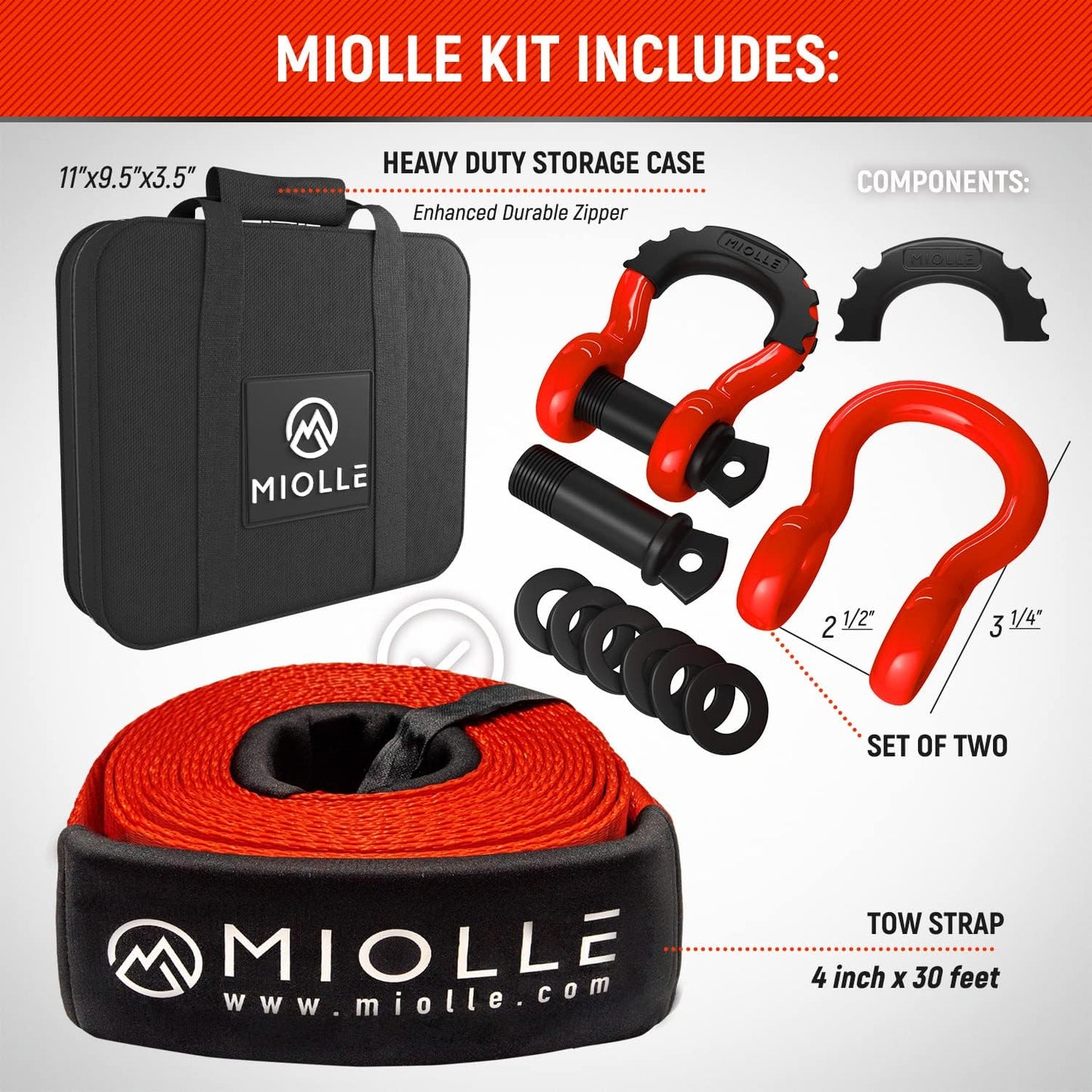 gear Tow Strap 4”X30’- 45000Lbs MBS (Lab Tested) Recovery Strap Kit Includes: Tow Rope, 2 D-Ring Shackles MBS- 62700LBS, Storage Case
