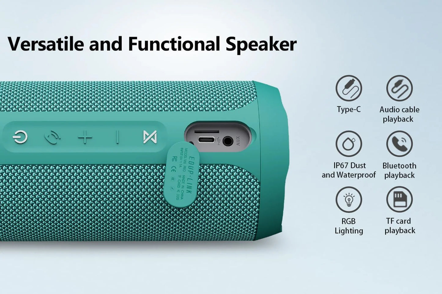 Bluetooth Portable Speaker, Waterproof, Wireless, 20W, 20H Playtime, Teal, New
