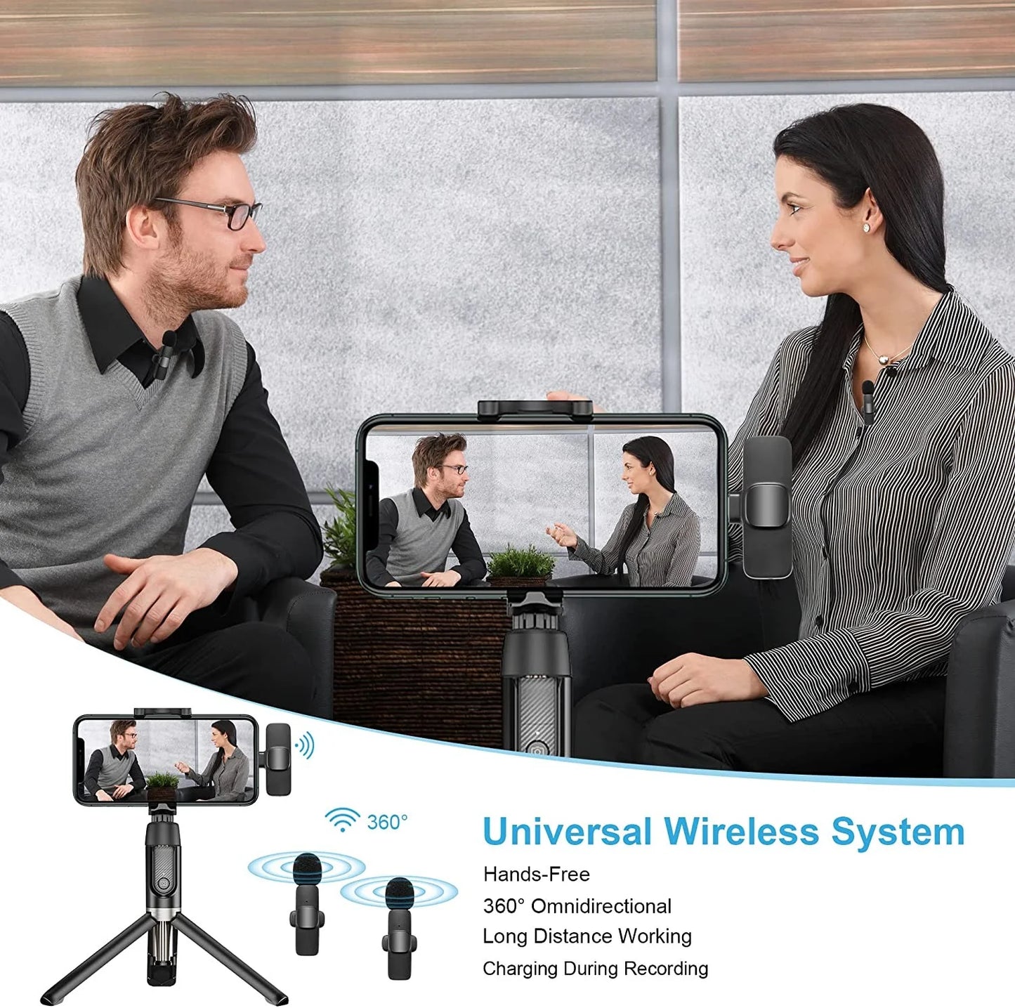 Auto Connection Mini Clip on Lapel Lavalier Tiny Rechargeable Wireless Microphone, Black