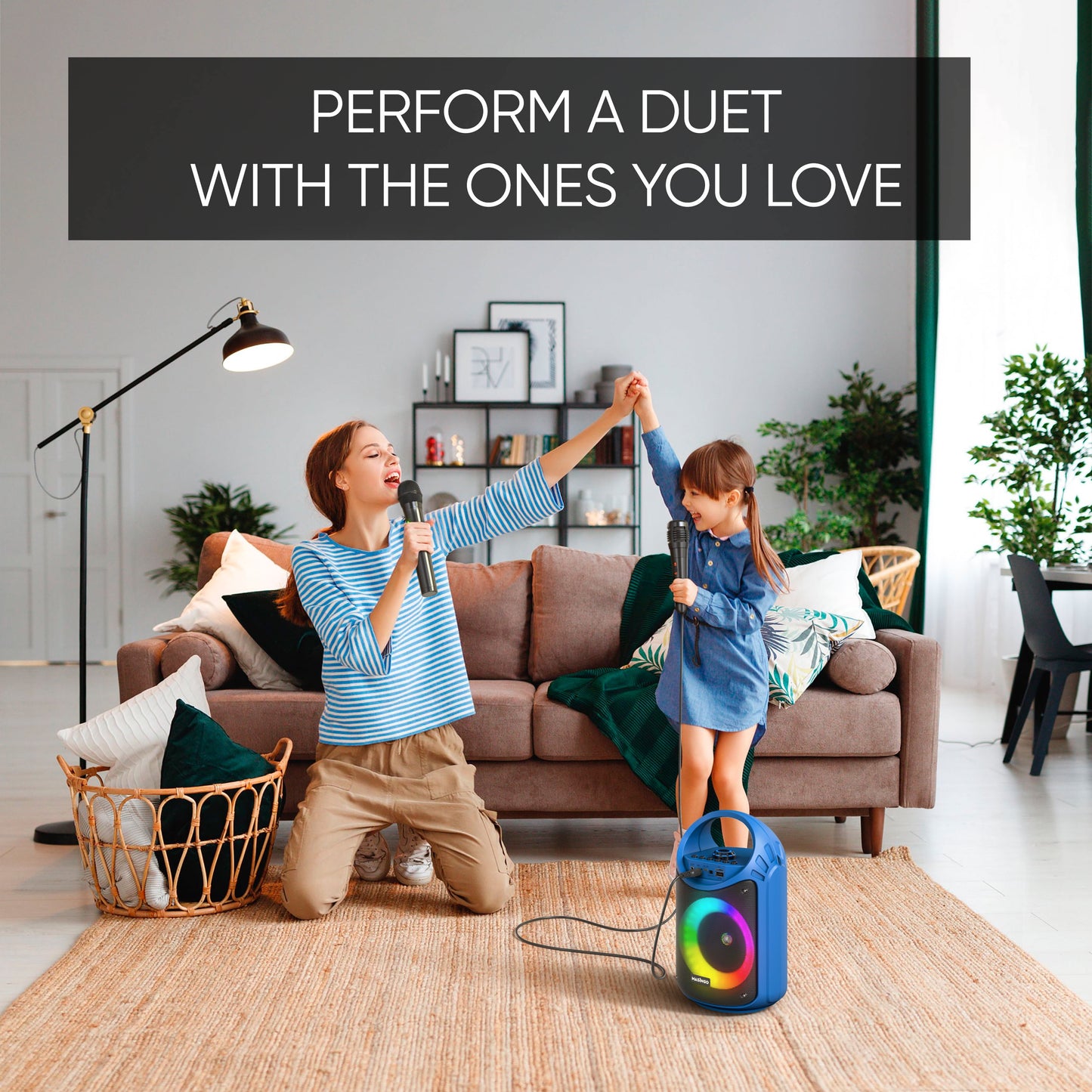 Karaoke Machine for Kids and Adults with 1 Wireless Karaoke Microphone and 1 Wired Mic, PA Portable Speaker System with LED Lights, Supports TF Card/Usb, AUX/MIC In, TWS for Home Party, Burletta C10