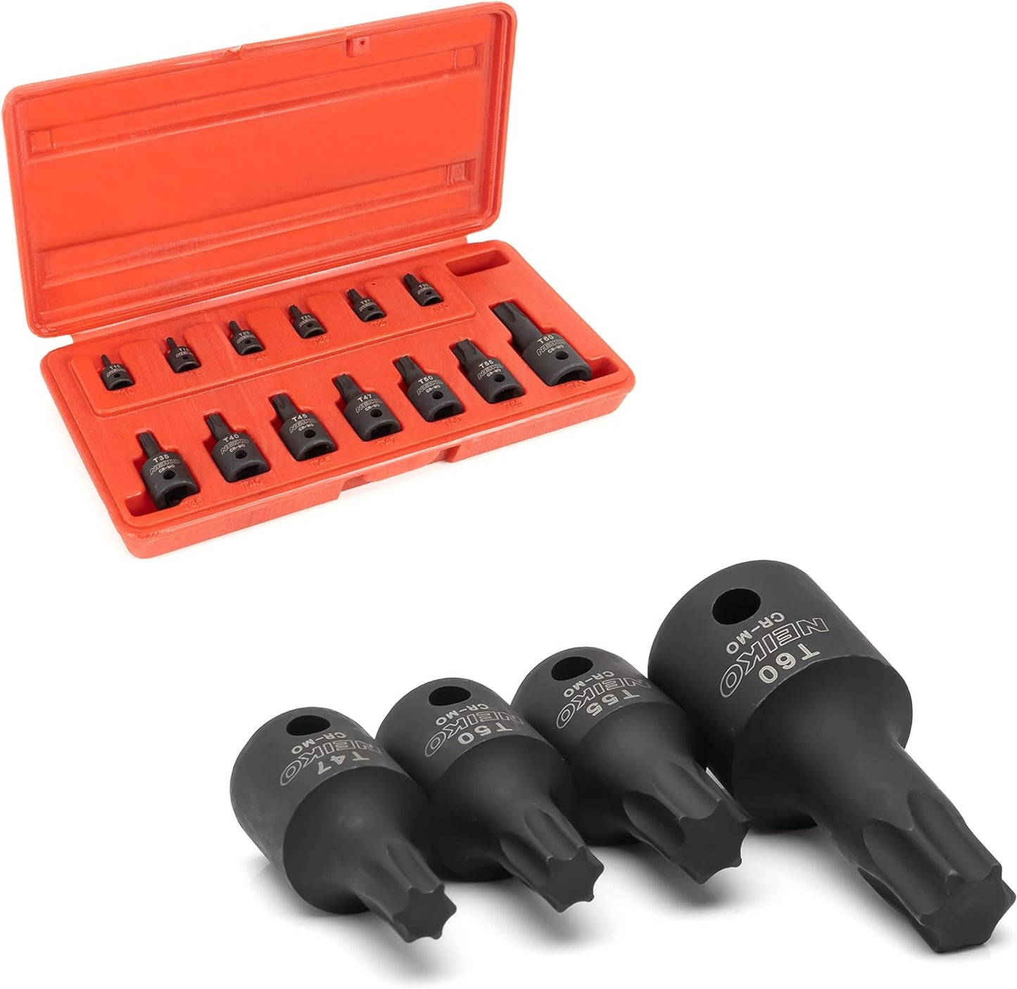 10281B Impact Torx Bit Socket Set, 1/4", 3/8", and 1/2" Drive, 6 Point Star Sockets, Heavy Duty Impact Grade Cr-Mo, T10 to T60 High Impact, Professional Grade Auto & Motorcycle Mechanic Socket