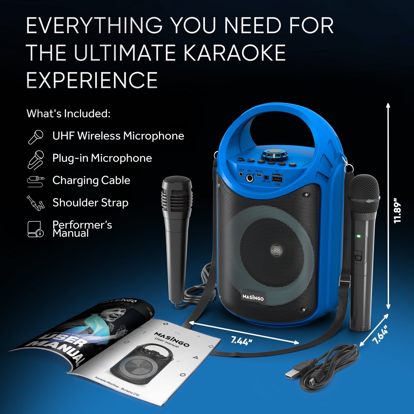Karaoke Machine for Kids and Adults with 1 Wireless Karaoke Microphone and 1 Wired Mic, PA Portable Speaker System with LED Lights, Supports TF Card/Usb, AUX/MIC In, TWS for Home Party, Burletta C10