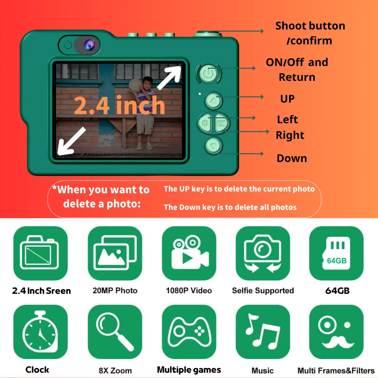 Kid Camera Dinosaur for Boy 3 8 Years Digital Camera for Children with Building Block Dual Lens 2.4 Inch HD Screen 64GB Green*1