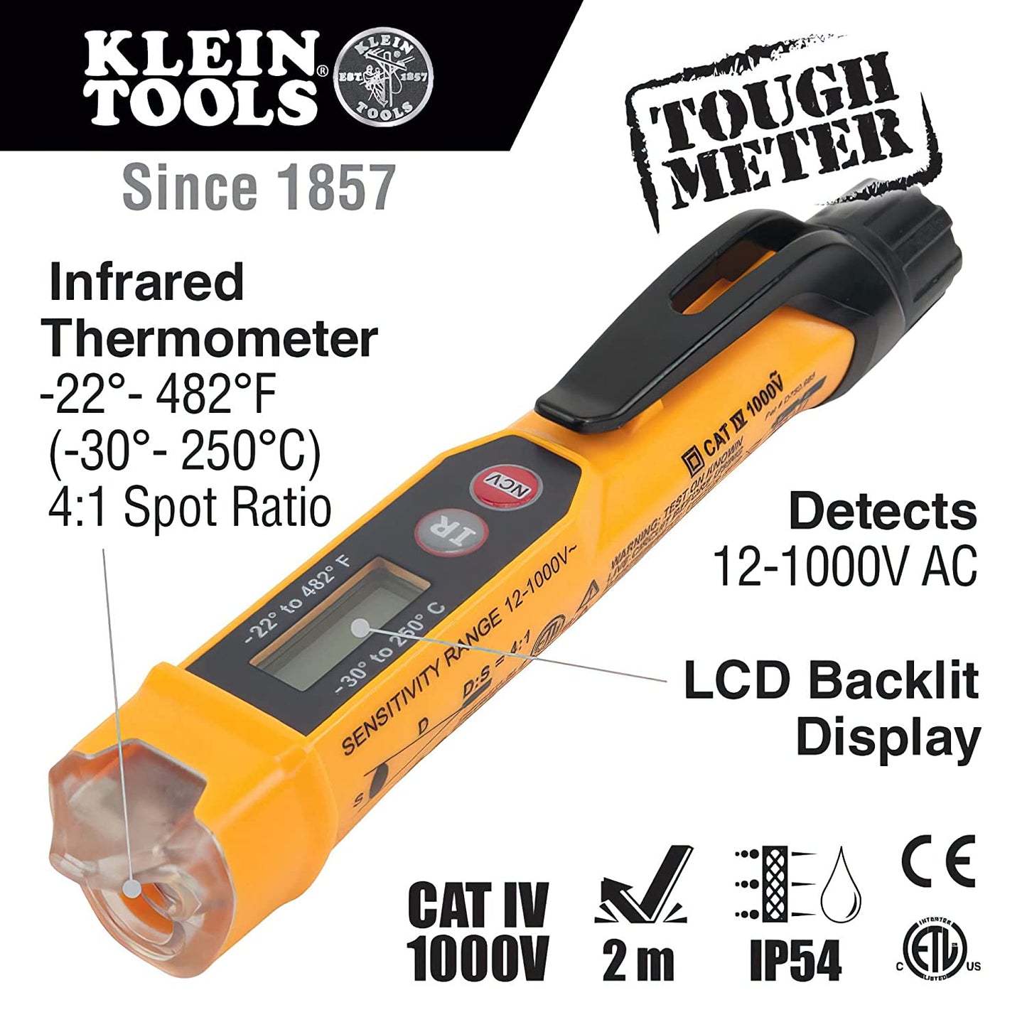 NCVT-4IR Non-Contact Voltage Tester, 12 - 1000V AC Pen with IR Thermometer -22 to 482-Degree Fahrenheit, LED and Audible Alarms, Pocket Clip