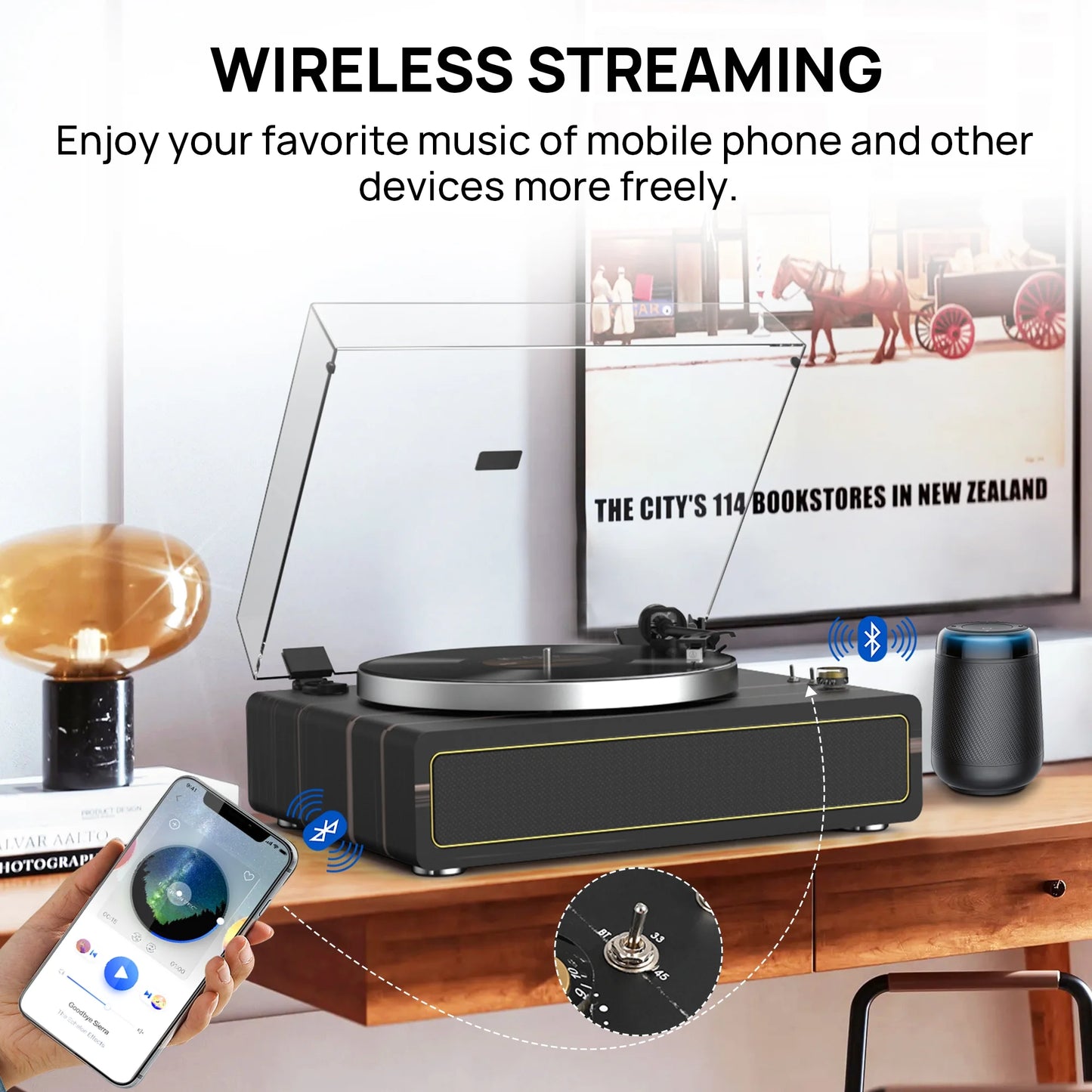 Record Player Support Bluetooth Belt-Drive Turntable Built-In Speakers, Black