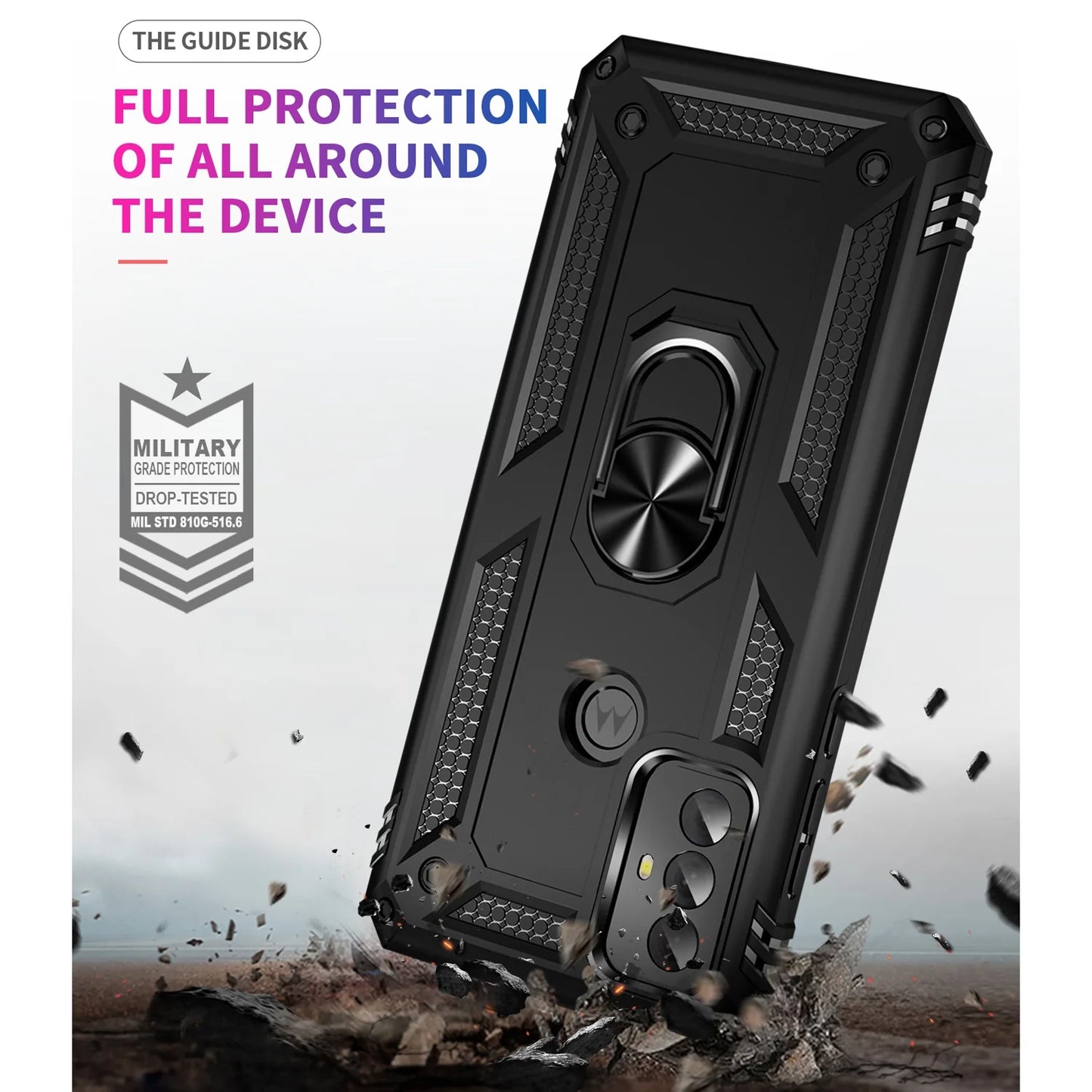 for Motorola Moto G Play 2023 Phone Case, with Tempered Glass Screen Protector, Impact Resistant Metal Ring Magnetic Support Kickstand Drop Protector Cover for Moto G Play 2023 (Black)
