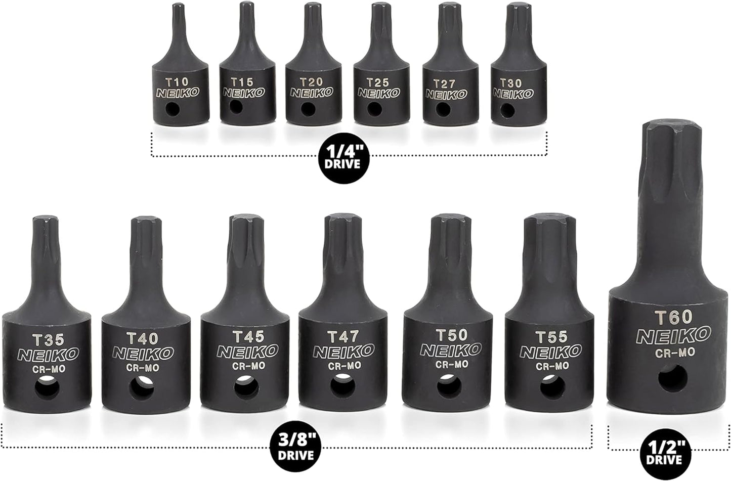 10281B Impact Torx Bit Socket Set, 1/4", 3/8", and 1/2" Drive, 6 Point Star Sockets, Heavy Duty Impact Grade Cr-Mo, T10 to T60 High Impact, Professional Grade Auto & Motorcycle Mechanic Socket