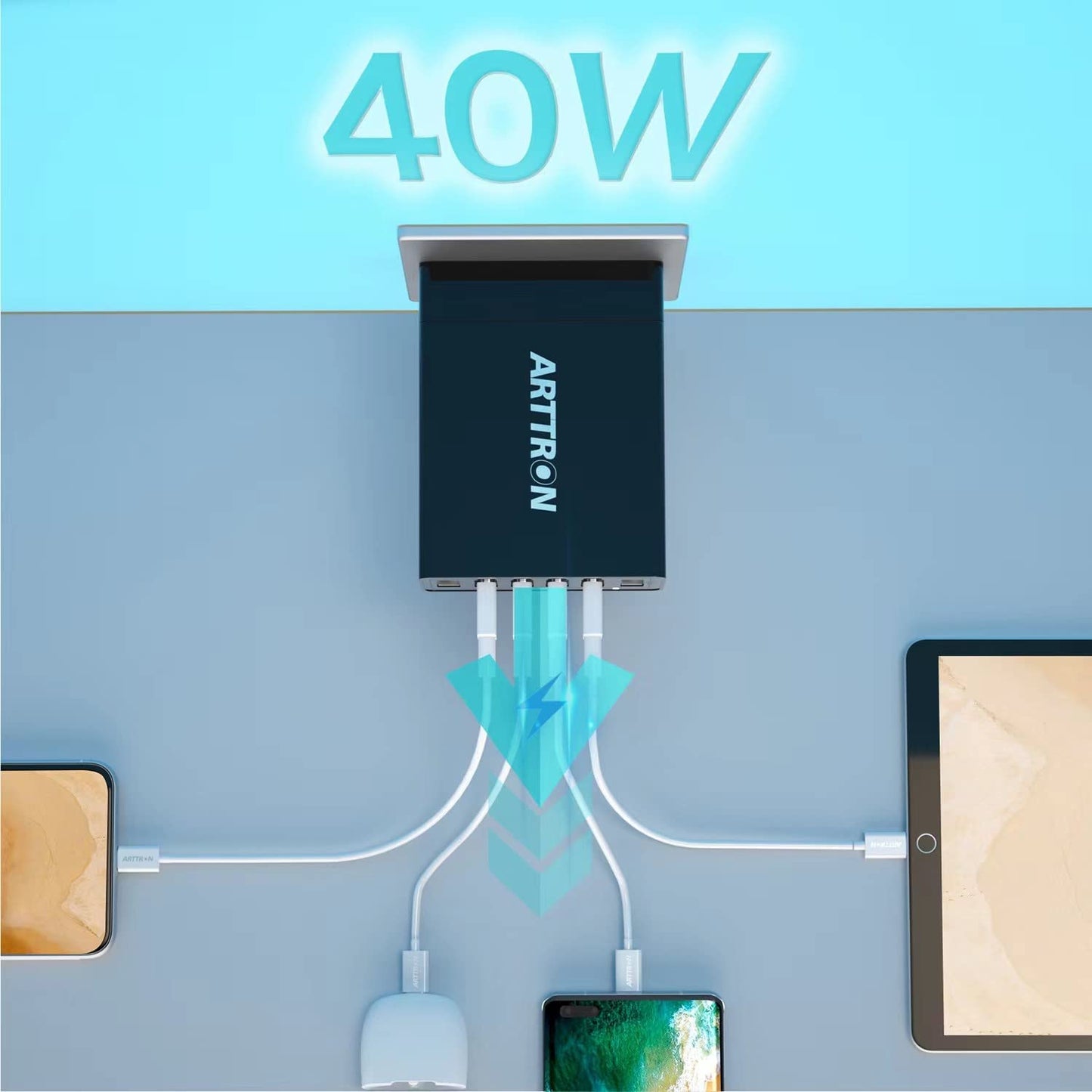USB Wall Charger Adapter, 40W 6-Port Foldable Wall Plug Multiport Charger for Iphone Ipad Tablets Smartphones, Home Office Use