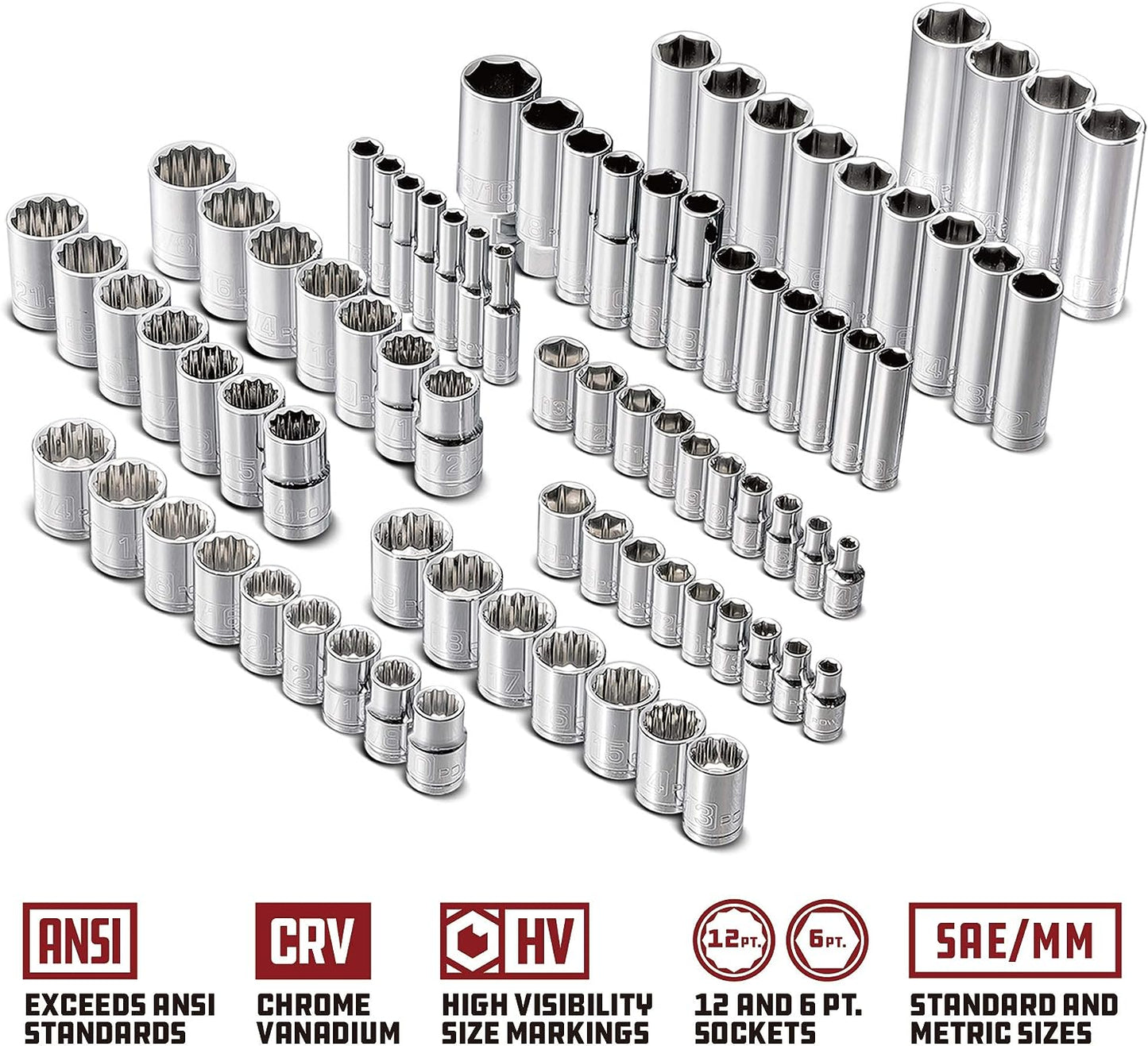 200 Piece 1/4-Inch, 3/8-Inch, and 1/2-Inch Drive Mechanics Tool Set - with SAE and Metric Socket Set, XT 90 Tooth Seal-Head Ratchets, Including Case - 642472