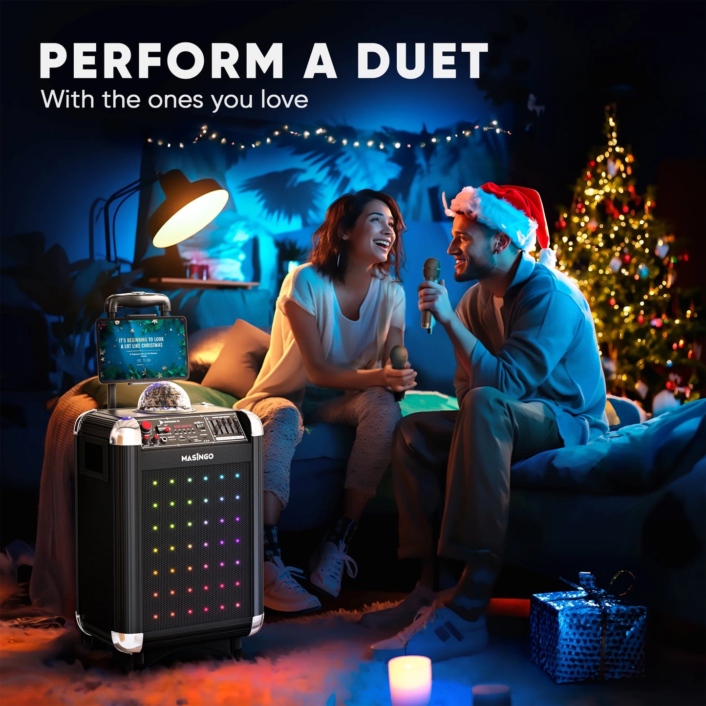 Karaoke Machine for Adults and Kids with 2 Bluetooth Wireless Microphones. Portable Singing PA Speaker System with Disco Ball Party Lights, Lyrics Display Tablet Holder & TV Cable. Soprano X1