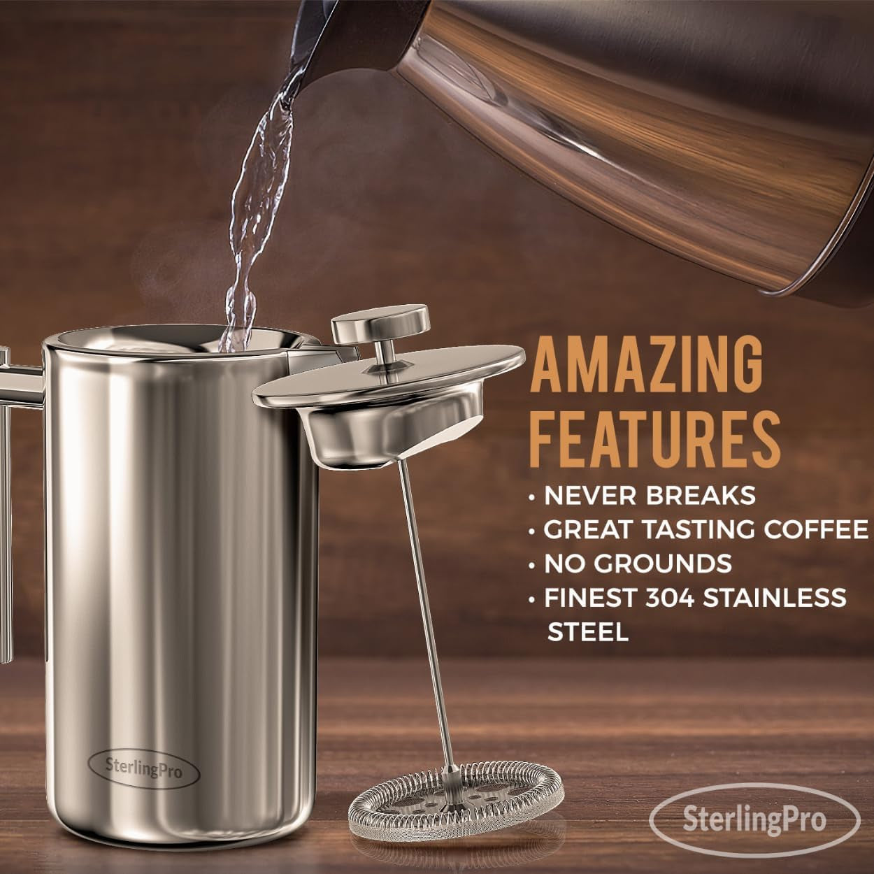 French Press Coffee Maker(1.75L)-Double Walled Large Coffee Press with 2 Free Filters-Enjoy Granule-Free Coffee, Stylish Rust Free Kitchen Accessory-Stainless Steel (Mirror Finish, 1.5L)