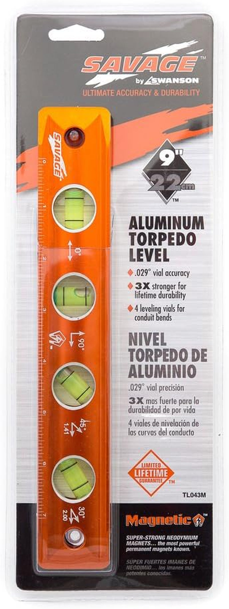 Swanson TL043M 9-Inch Savage Magnetic Torpedo Level, Orange