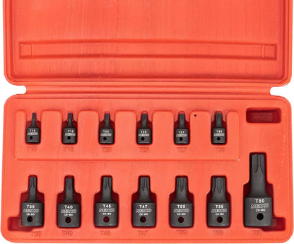 10281B Impact Torx Bit Socket Set, 1/4", 3/8", and 1/2" Drive, 6 Point Star Sockets, Heavy Duty Impact Grade Cr-Mo, T10 to T60 High Impact, Professional Grade Auto & Motorcycle Mechanic Socket