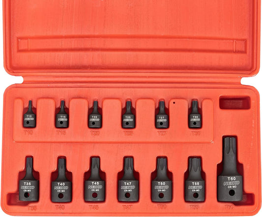 10281B Impact Torx Bit Socket Set, 1/4", 3/8", and 1/2" Drive, 6 Point Star Sockets, Heavy Duty Impact Grade Cr-Mo, T10 to T60 High Impact, Professional Grade Auto & Motorcycle Mechanic Socket