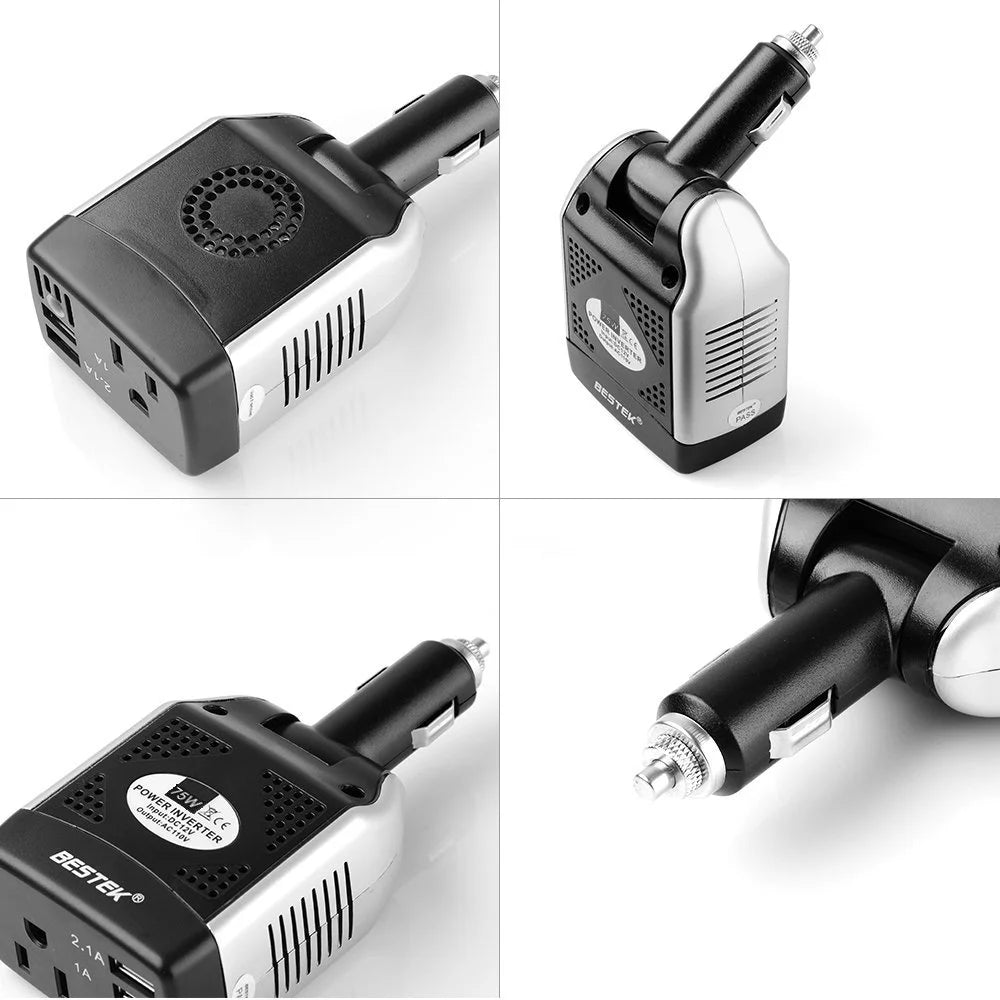 75W Portable Car Power Inverter DC 12V to 110V AC Power Inverter with 3.1A 2 USB Ports