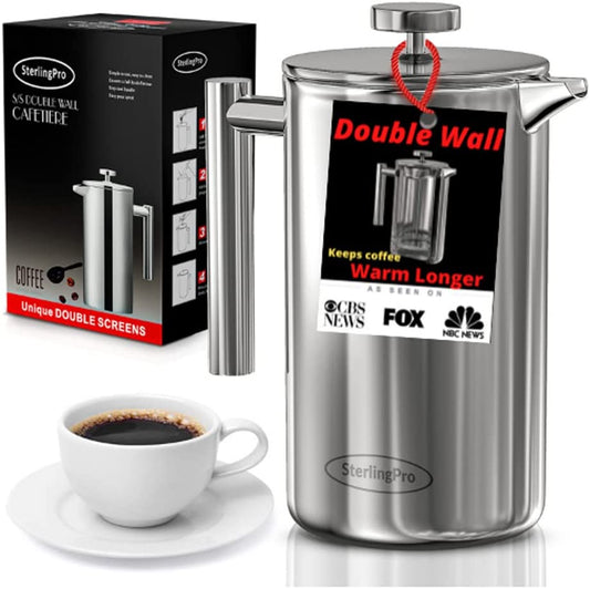 French Press Coffee Maker(1.75L)-Double Walled Large Coffee Press with 2 Free Filters-Enjoy Granule-Free Coffee, Stylish Rust Free Kitchen Accessory-Stainless Steel (Mirror Finish, 1.5L)
