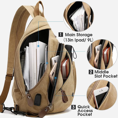 Sling Bag, Crossbody Backpack Canvas Waterproof Daypack Casual Shoulder Bag… (Khaki)…