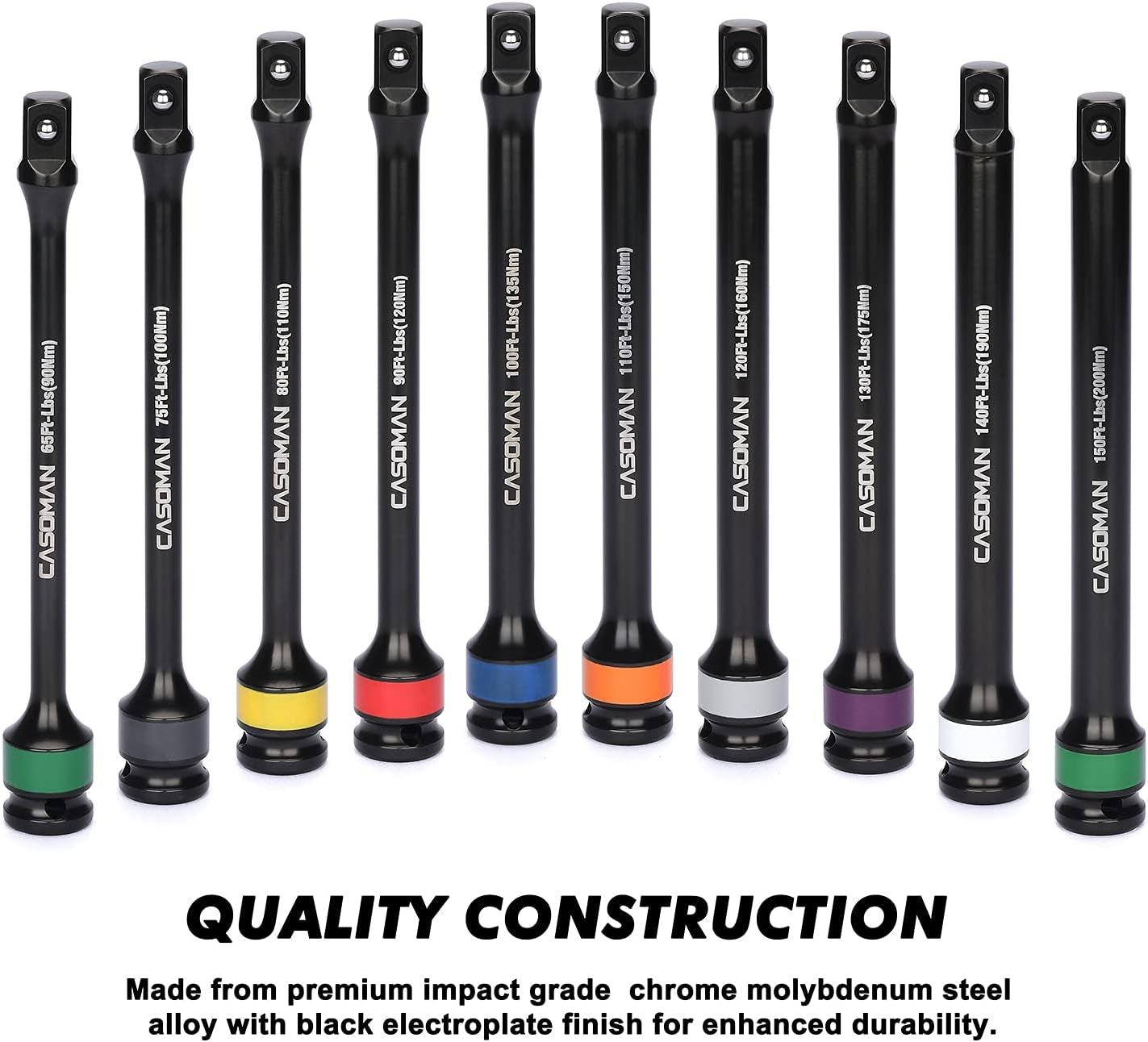 10 Piece 1/2" Drive 8 Inch Length Color-Coded Torque Extension Bar Set, 65 to 150 Ft-Lbs (90 to 200 Nm), Torque Extension Tool Set