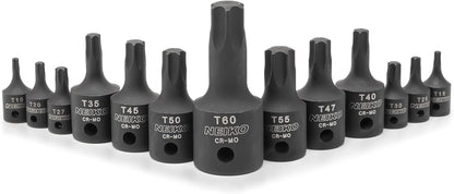 10281B Impact Torx Bit Socket Set, 1/4", 3/8", and 1/2" Drive, 6 Point Star Sockets, Heavy Duty Impact Grade Cr-Mo, T10 to T60 High Impact, Professional Grade Auto & Motorcycle Mechanic Socket