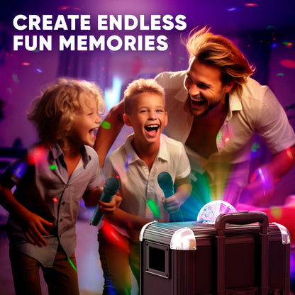 Karaoke Machine for Adults and Kids with 2 Bluetooth Wireless Microphones. Portable Singing PA Speaker System with Disco Ball Party Lights, Lyrics Display Tablet Holder & TV Cable. Soprano X1