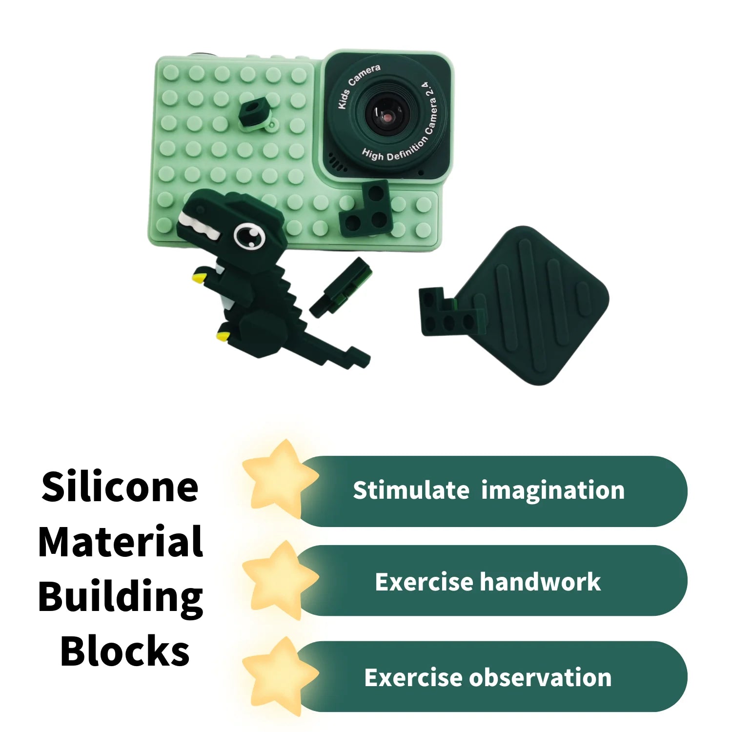 Kid Camera Dinosaur for Boy 3 8 Years Digital Camera for Children with Building Block Dual Lens 2.4 Inch HD Screen 64GB Green*1